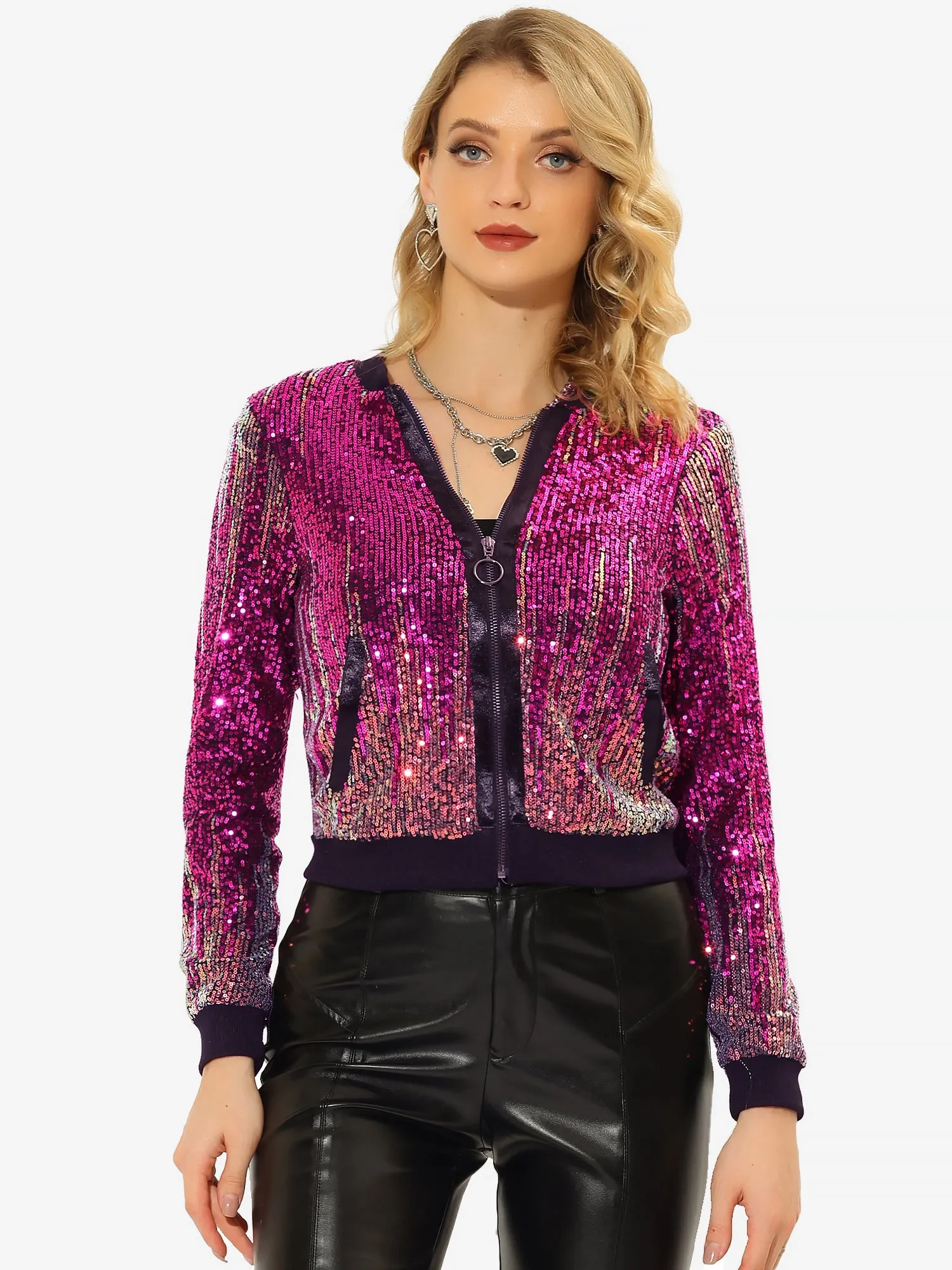 Halloween Sequin Long Sleeve Zipper Ombre Sparkle Bomber Jacket sold by Allegra K
