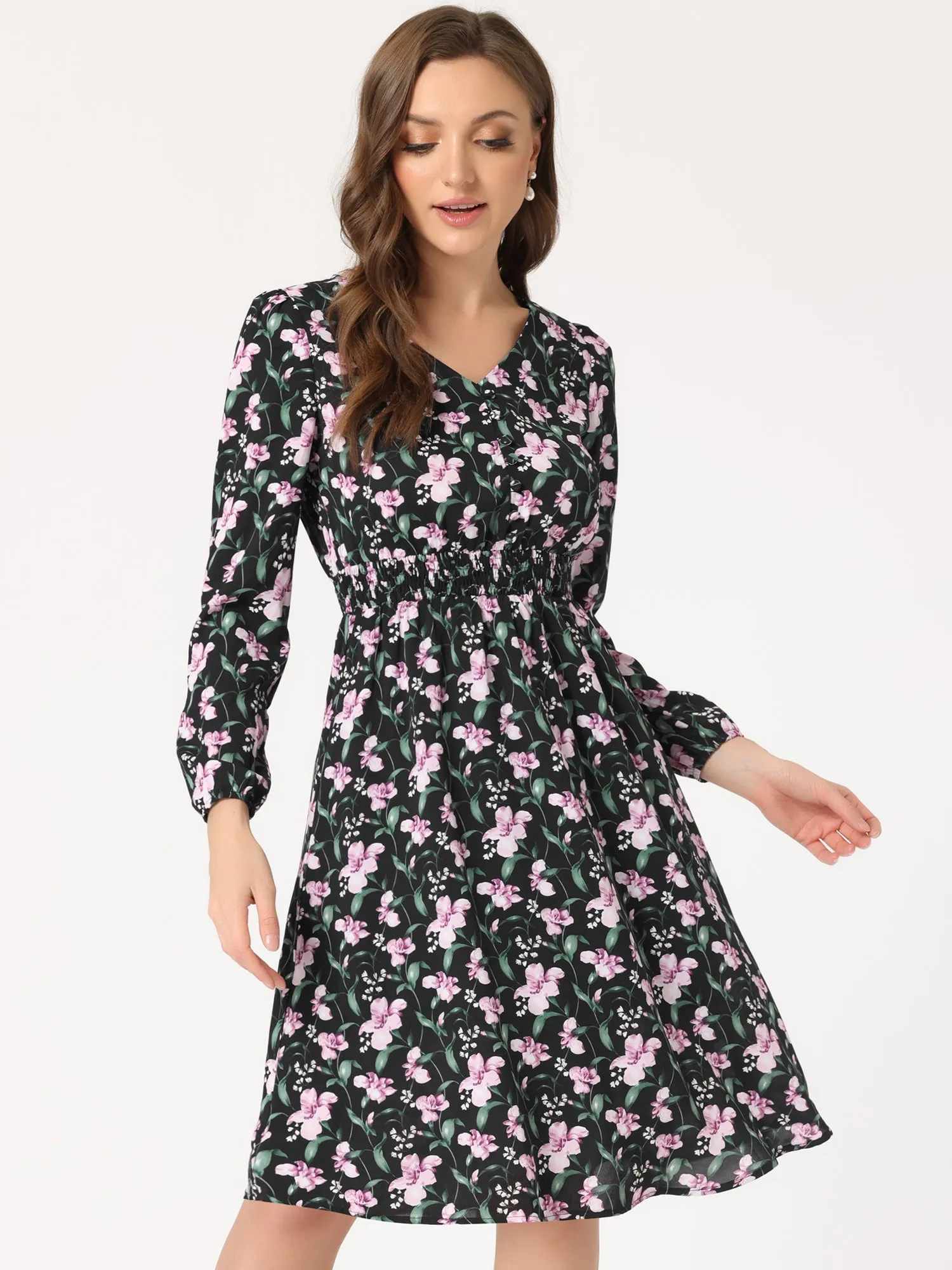 Floral Print V-Neck Long Sleeve Smocked Waist Midi Dress sold by Allegra K