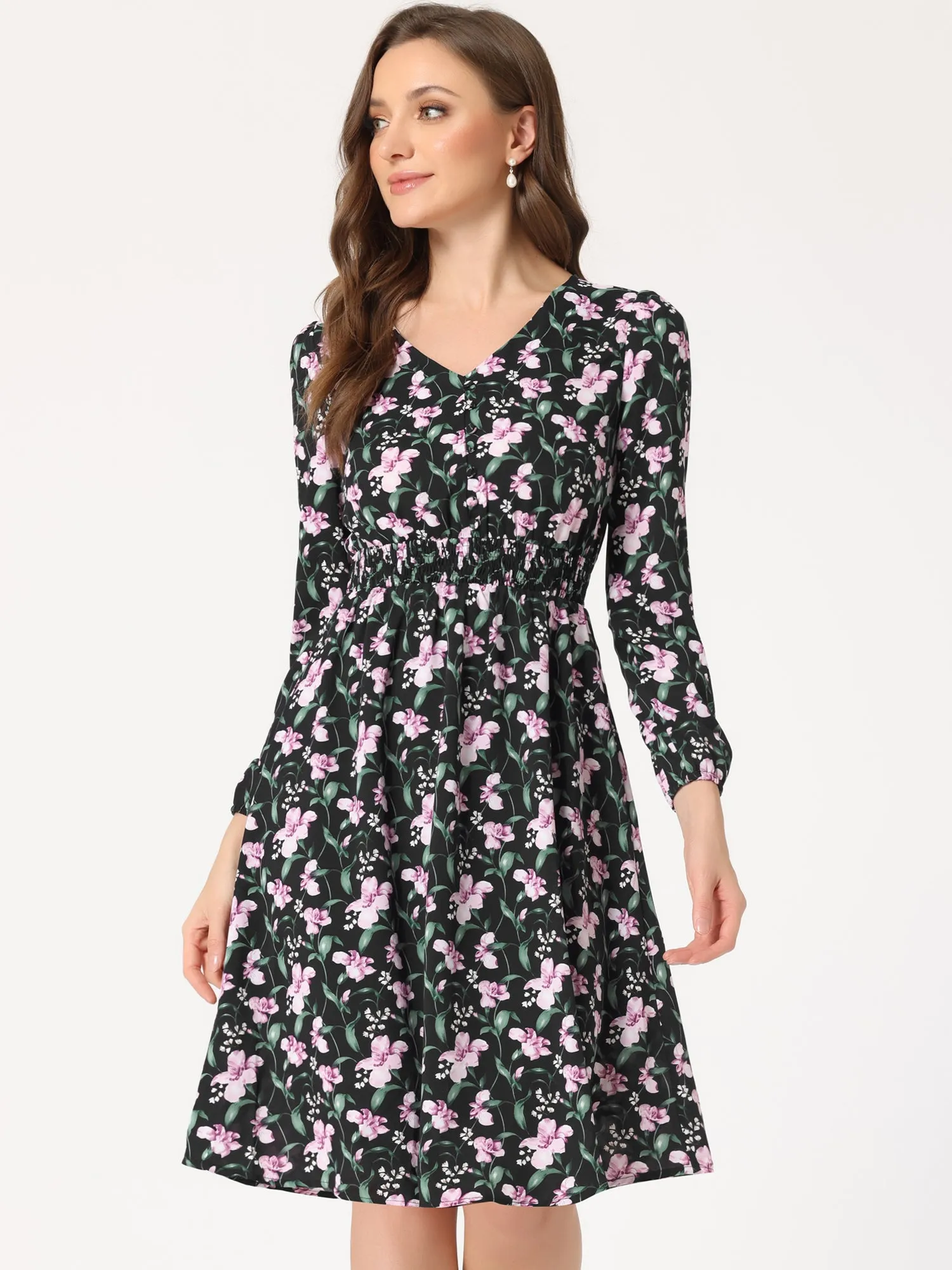 Floral Print V-Neck Long Sleeve Smocked Waist Midi Dress sold by Allegra K product image thumbnail 2