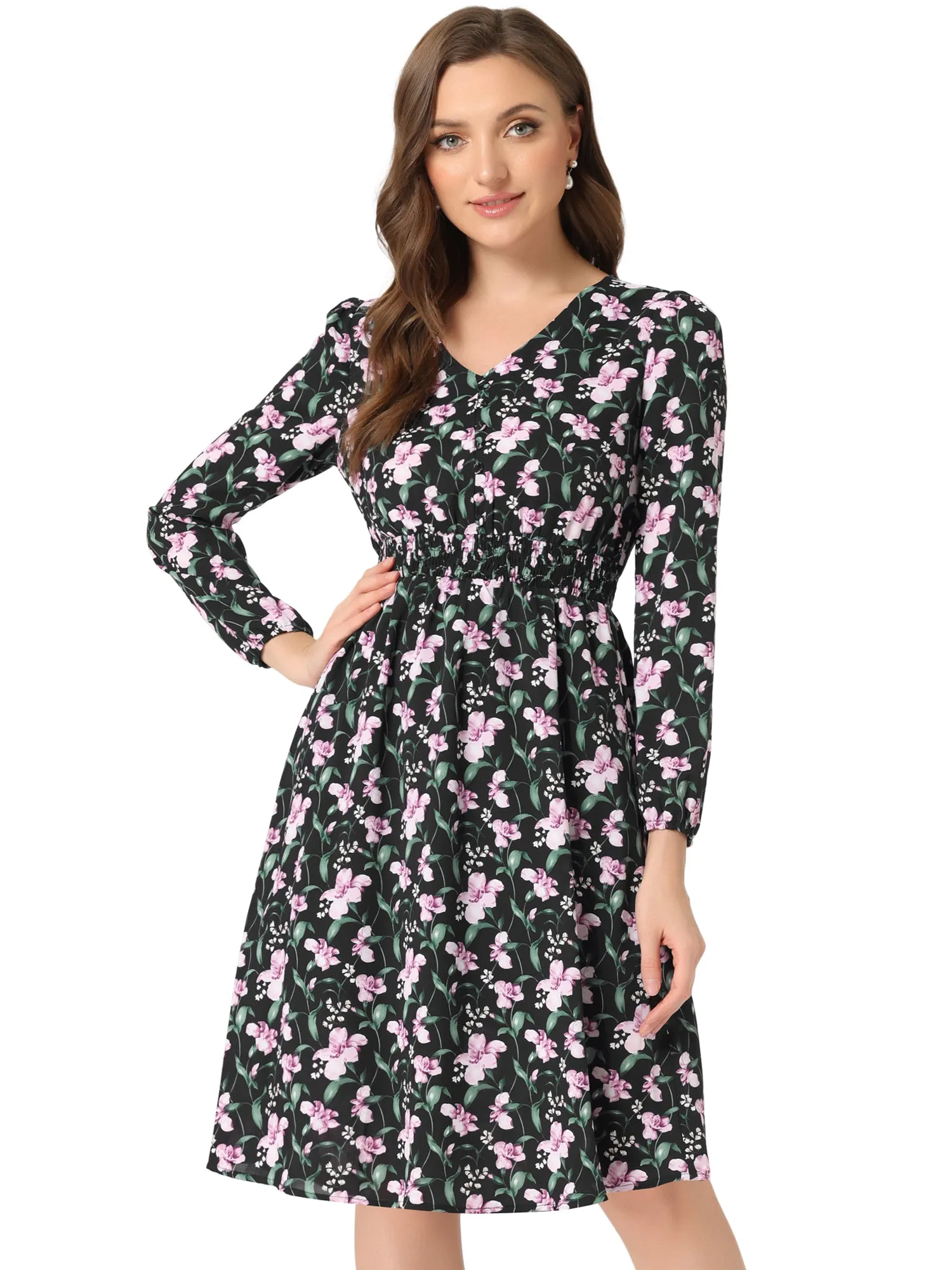 Floral Print V-Neck Long Sleeve Smocked Waist Midi Dress sold by Allegra K product image thumbnail 4
