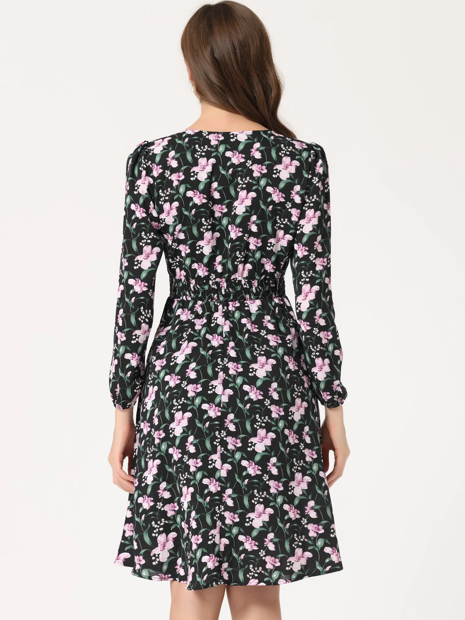 Floral Print V-Neck Long Sleeve Smocked Waist Midi Dress sold by Allegra K product image thumbnail 3