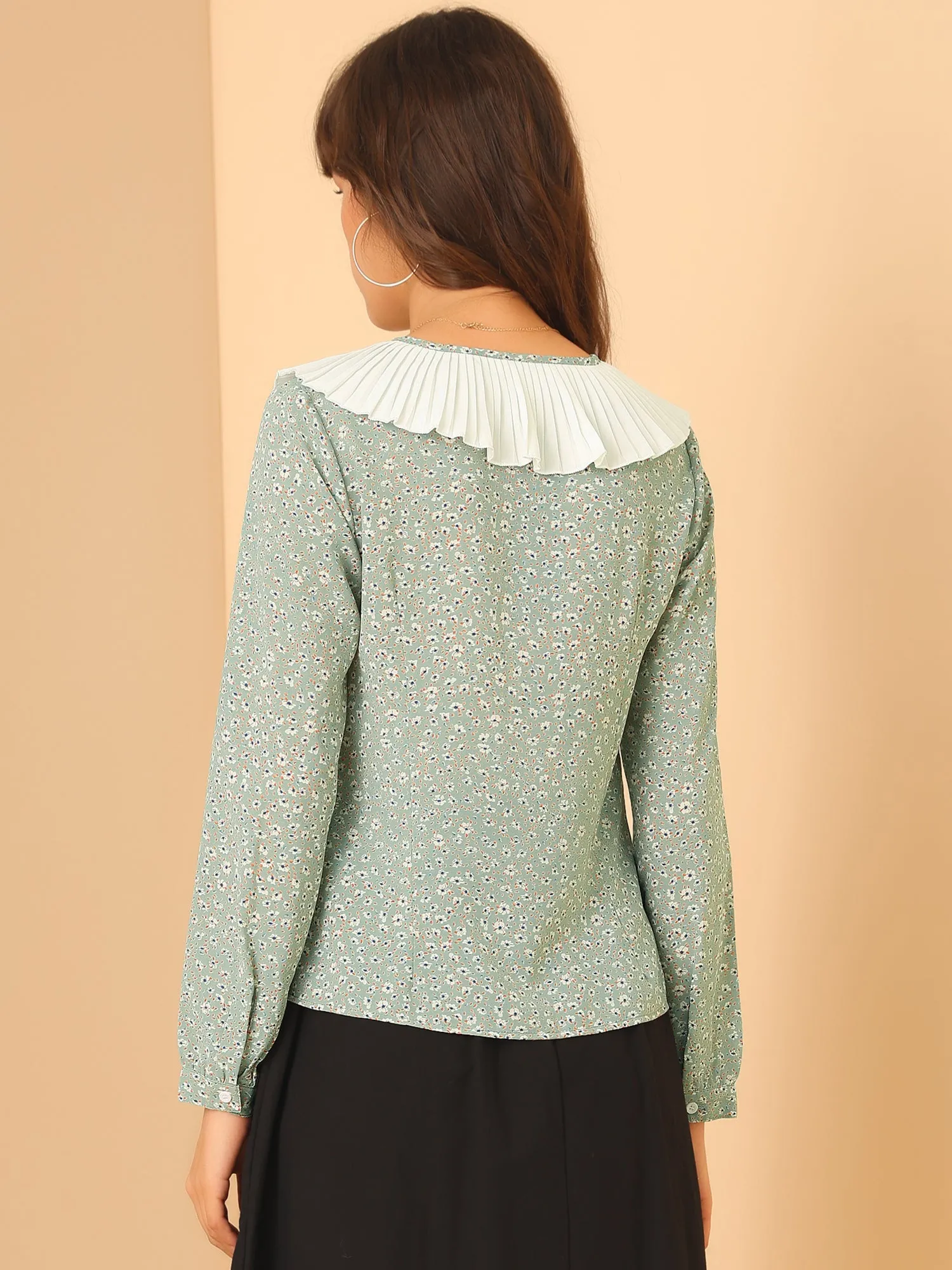 Contrast Pleated Collar Long Sleeve Chiffon Ditsy Floral Blouse Top sold by Allegra K product image thumbnail 5