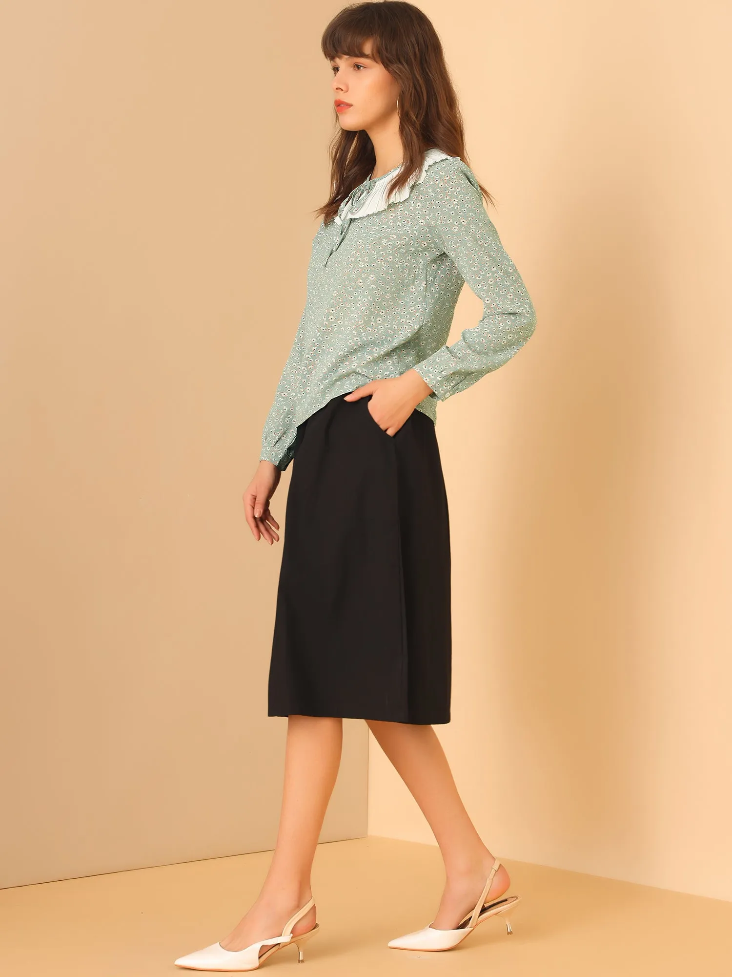 Contrast Pleated Collar Long Sleeve Chiffon Ditsy Floral Blouse Top sold by Allegra K product image thumbnail 4