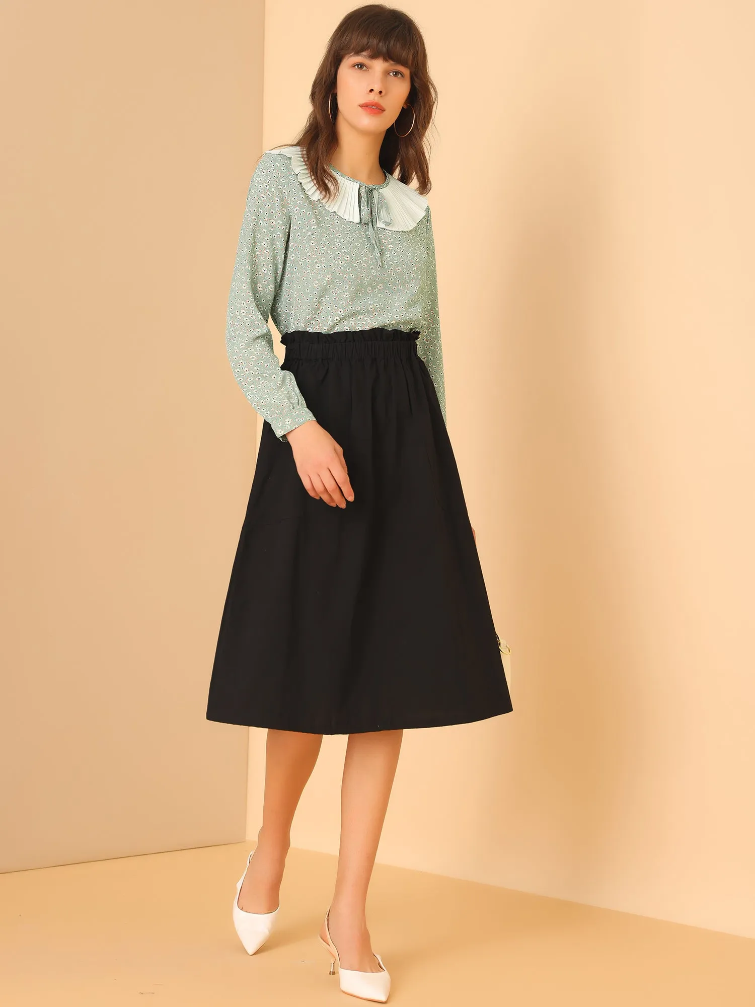 Contrast Pleated Collar Long Sleeve Chiffon Ditsy Floral Blouse Top sold by Allegra K product image thumbnail 3