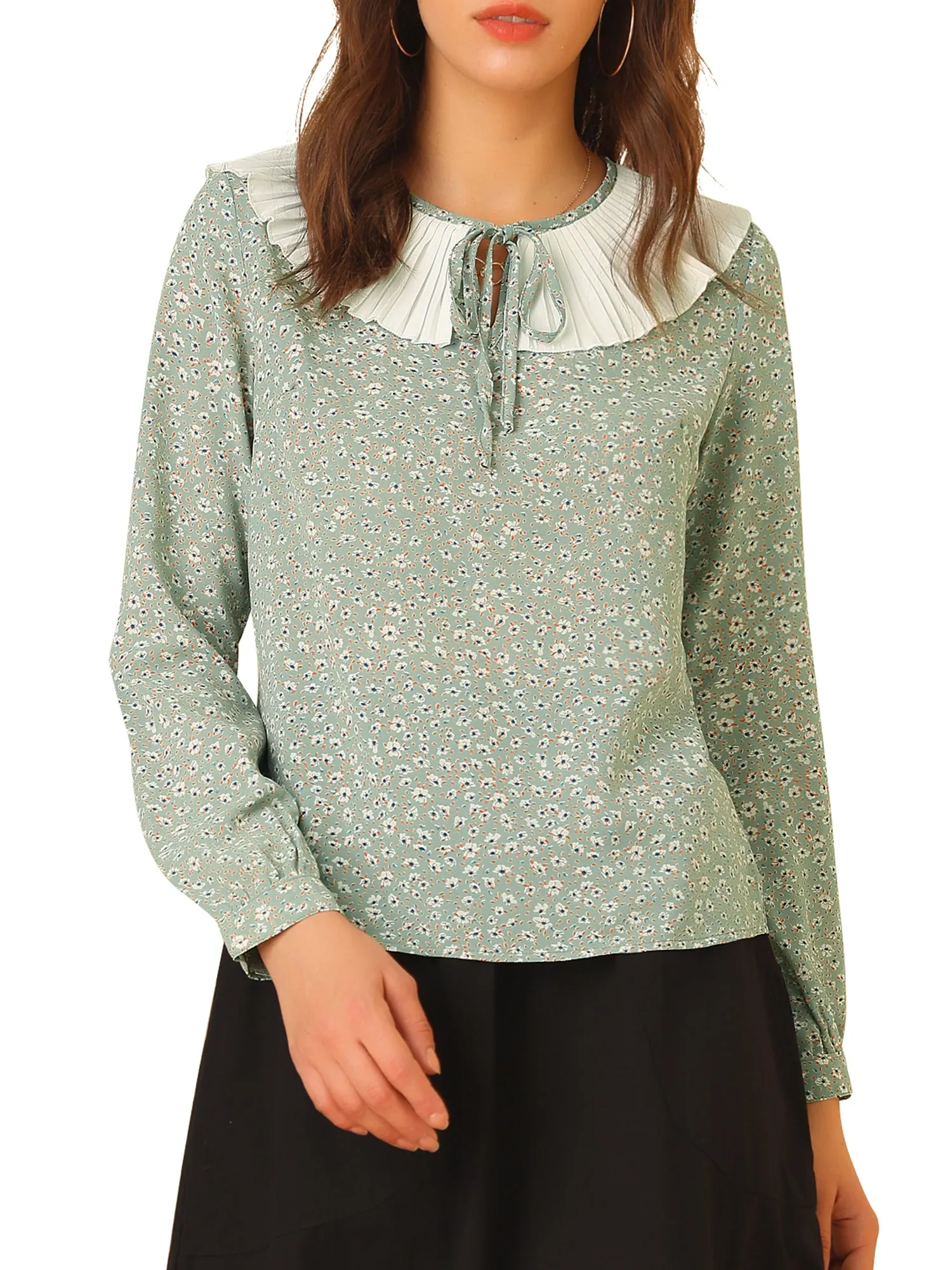 Contrast Pleated Collar Long Sleeve Chiffon Ditsy Floral Blouse Top sold by Allegra K product image thumbnail 2
