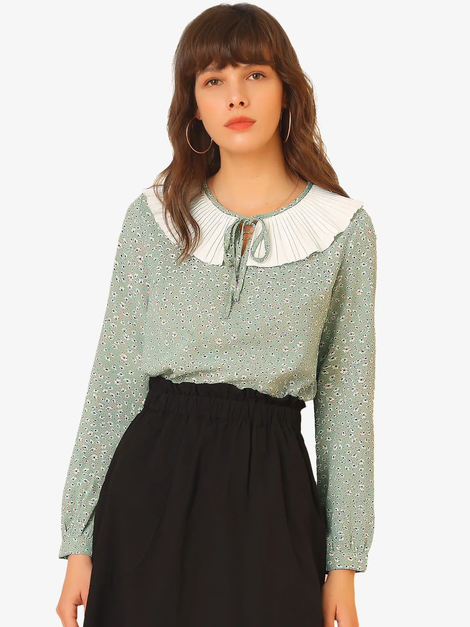 Contrast Pleated Collar Long Sleeve Chiffon Ditsy Floral Blouse Top sold by Allegra K