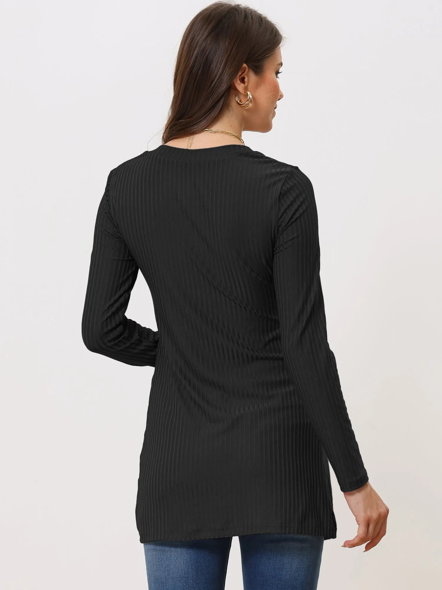 Long Sleeve Square Neck Button Side Slit Ribbed Knit Tunic Shirt sold by Allegra K product image thumbnail 3