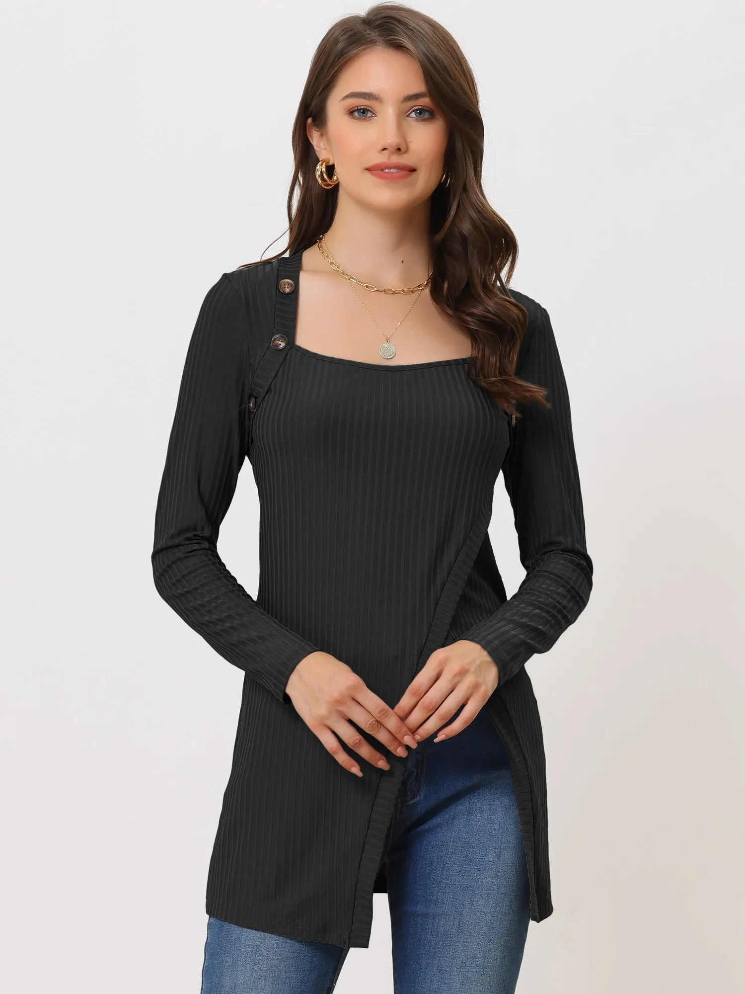 Long Sleeve Square Neck Button Side Slit Ribbed Knit Tunic Shirt sold by Allegra K product image thumbnail 2