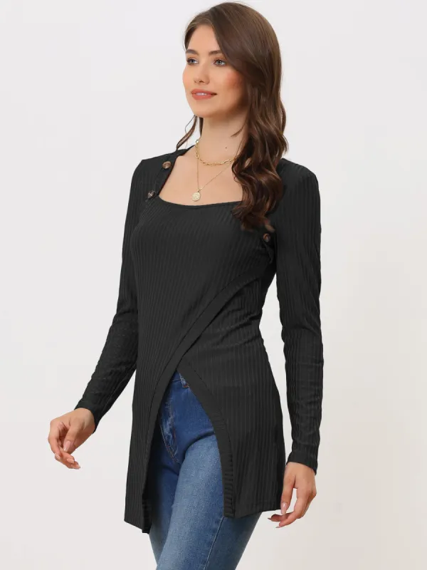 Long Sleeve Square Neck Button Side Slit Ribbed Knit Tunic Shirt sold by Allegra K