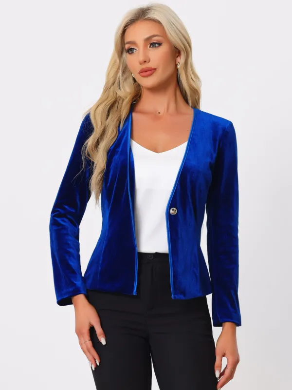 Long Sleeve Office Collarless 1 Button Velvet Blazer sold by Allegra K