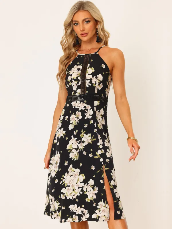 Halter Neck Split Sleeveless Floral Print Summer Boho Dress Sundress sold by Allegra K
