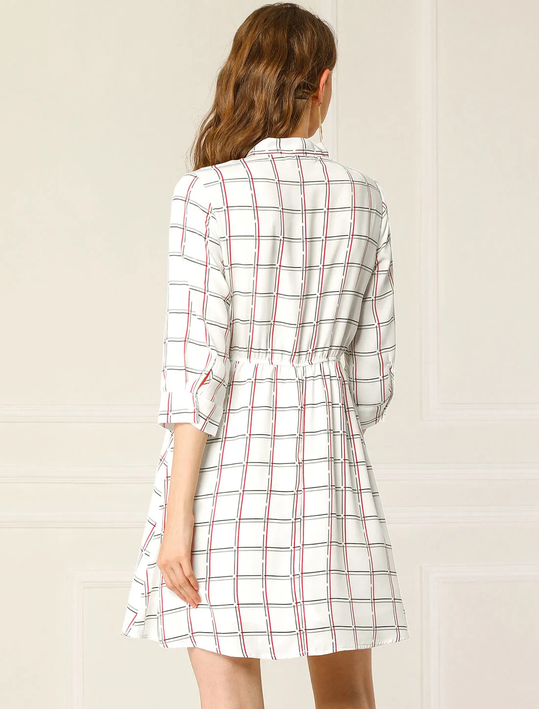 Plaid Tie Neck Puff Sleeve Elastic Waist Contrast Color Short Dress sold by Allegra K product image thumbnail 4