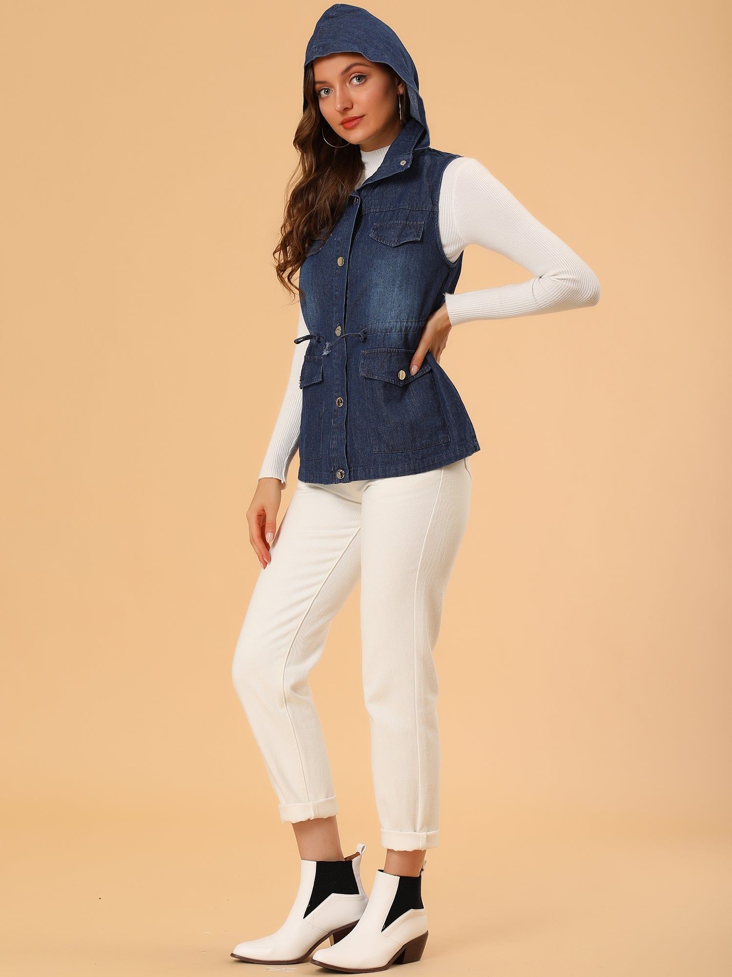 Drawstring Waist Detachable Hooded Mid Long Jacket Denim Vest sold by Allegra K product image thumbnail 4