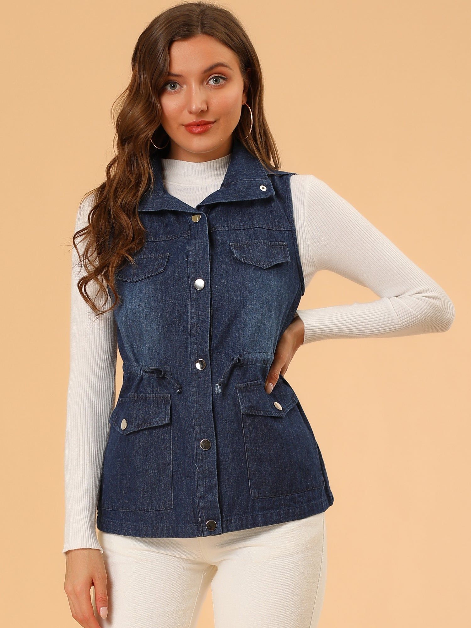 Drawstring Waist Detachable Hooded Mid Long Jacket Denim Vest sold by Allegra K