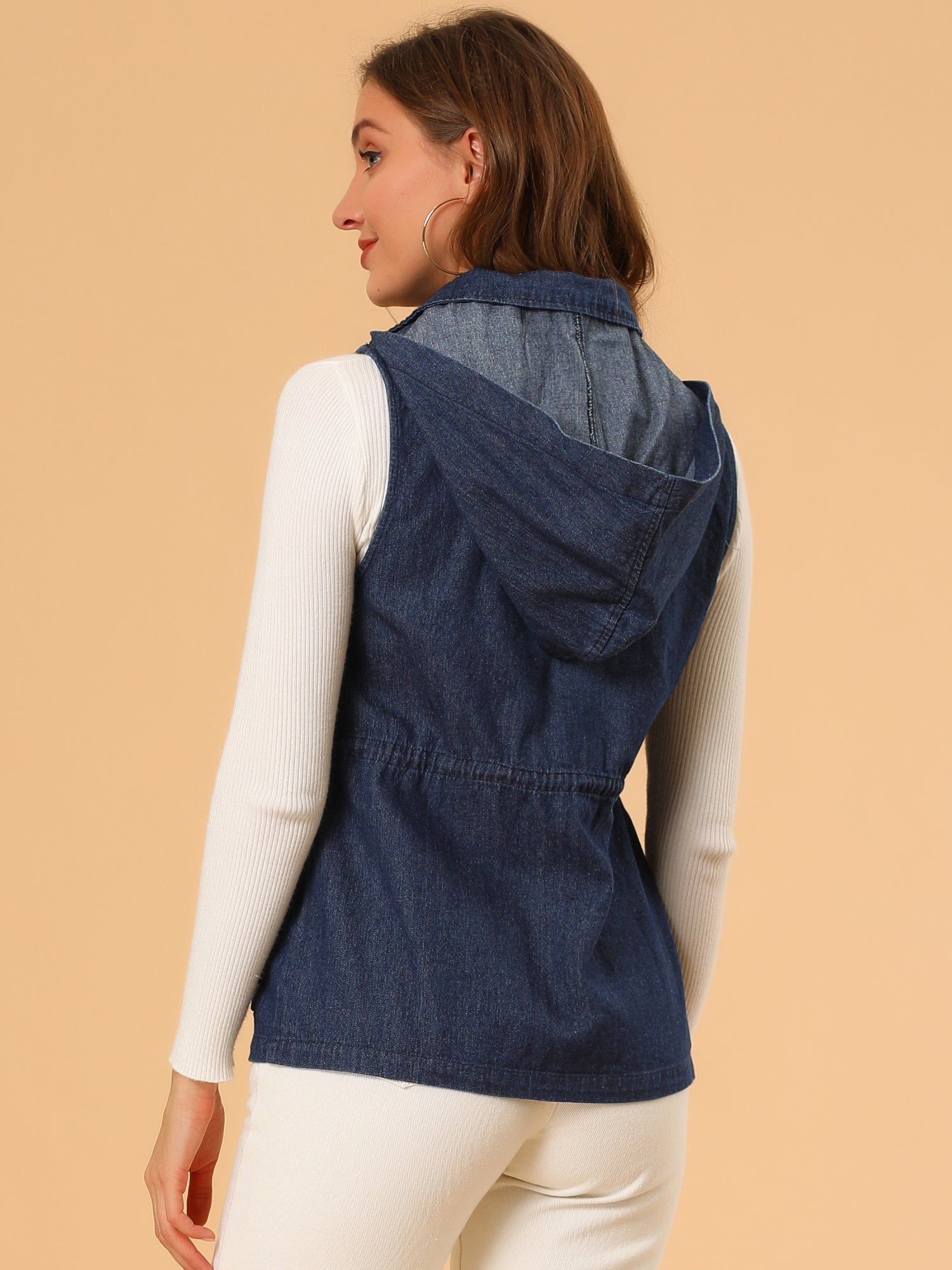 Drawstring Waist Detachable Hooded Mid Long Jacket Denim Vest sold by Allegra K product image thumbnail 5