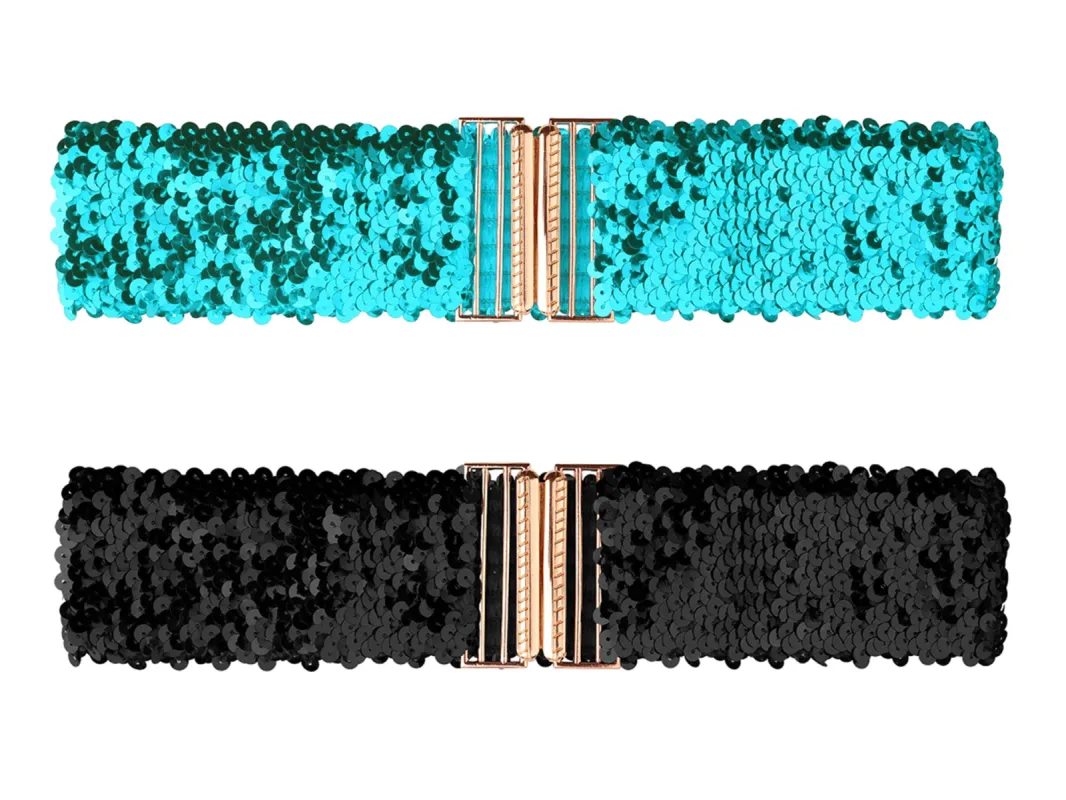 Womens Elastic Waist Belts Interlock Buckles Sequins Decor Stretchy Wide Belts 2PCS sold by Allegra K