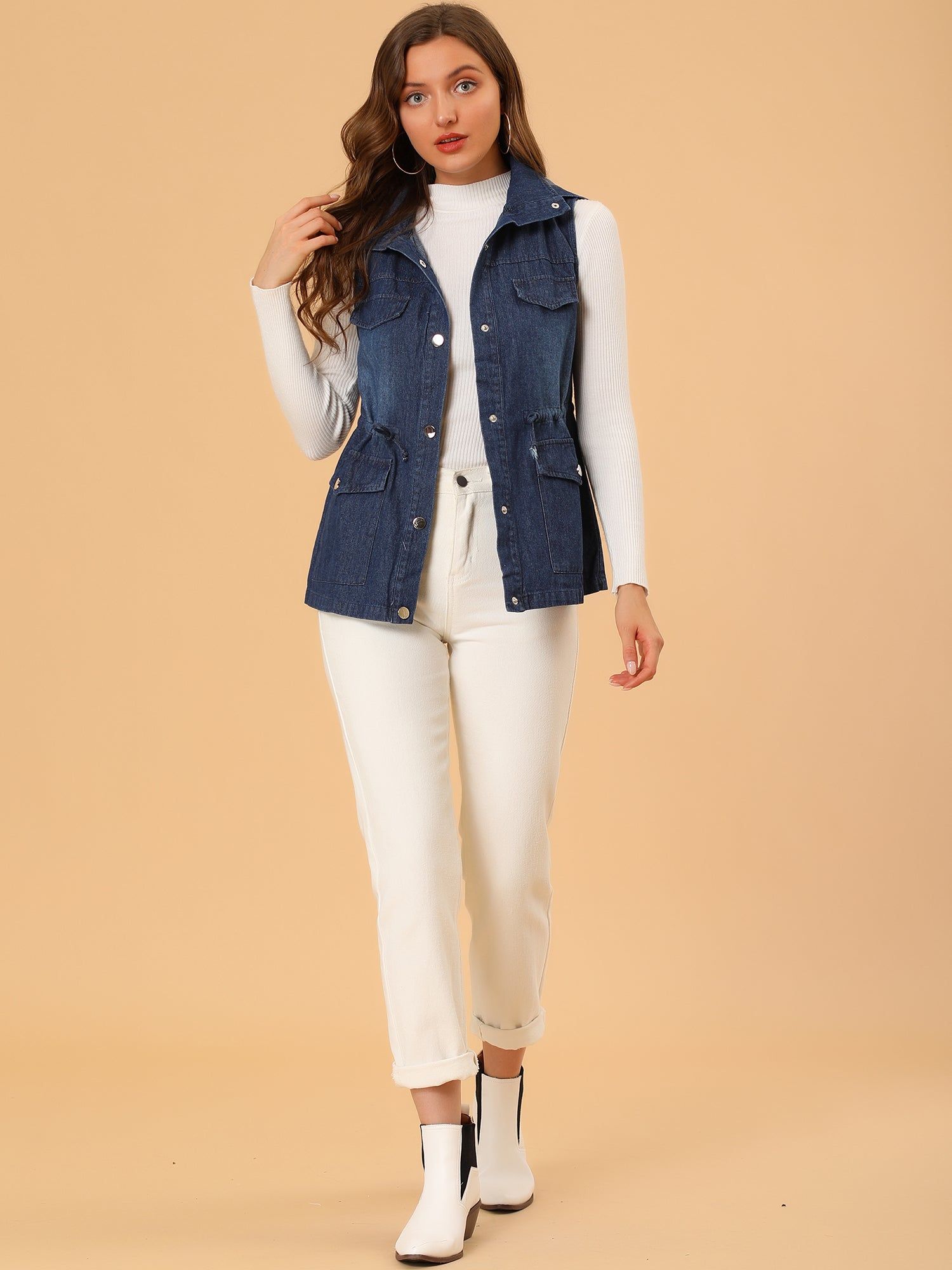 Drawstring Waist Detachable Hooded Mid Long Jacket Denim Vest sold by Allegra K product image thumbnail 3