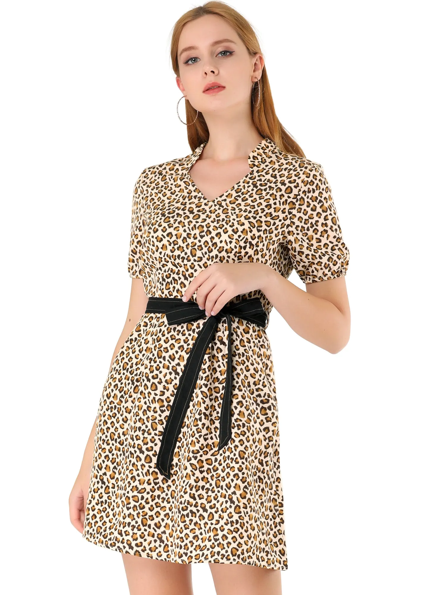 V Neck Floral Leopard Casual Tie Belted Mini Dress sold by Allegra K product image thumbnail 5