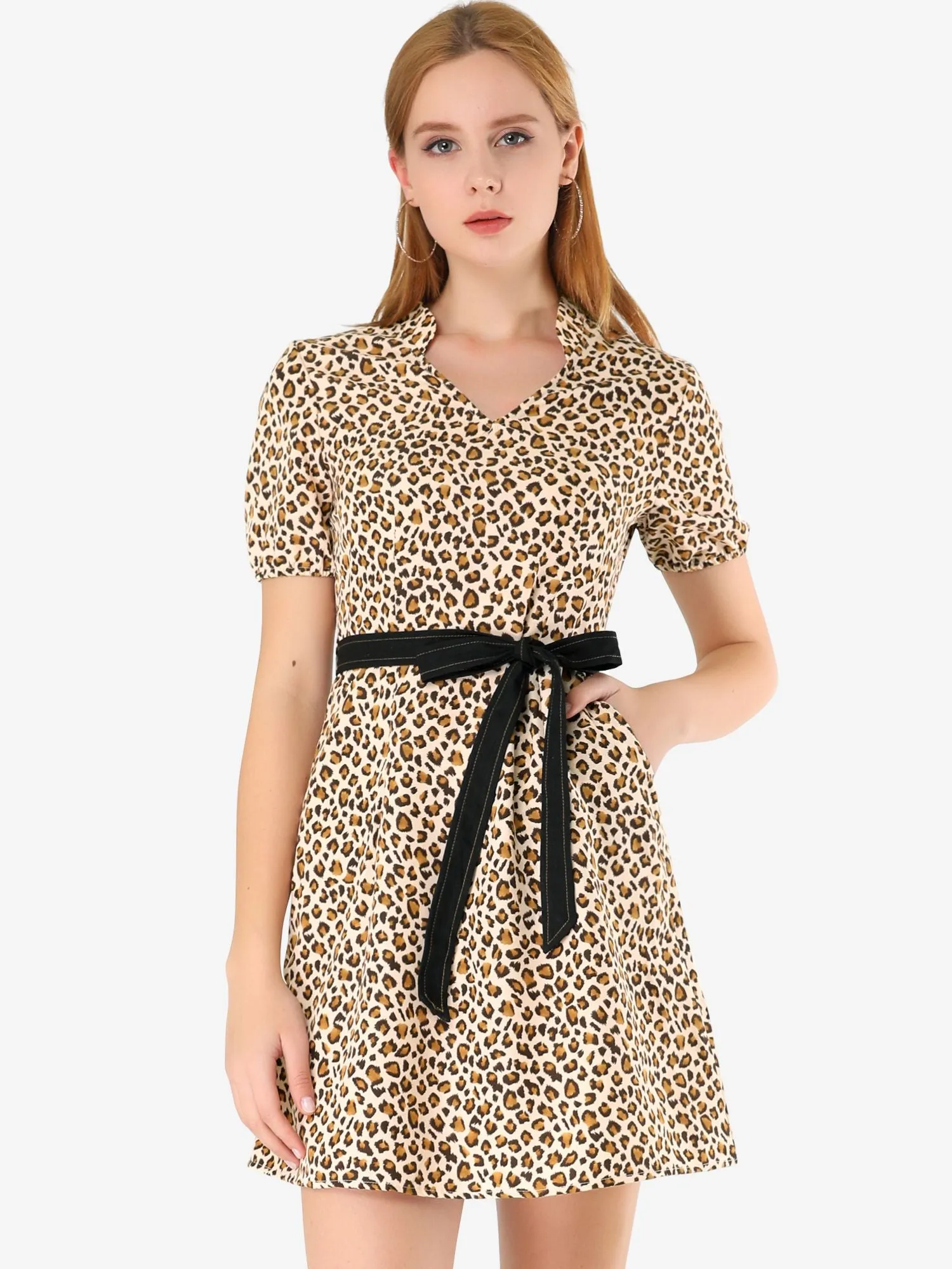 V Neck Floral Leopard Casual Tie Belted Mini Dress sold by Allegra K