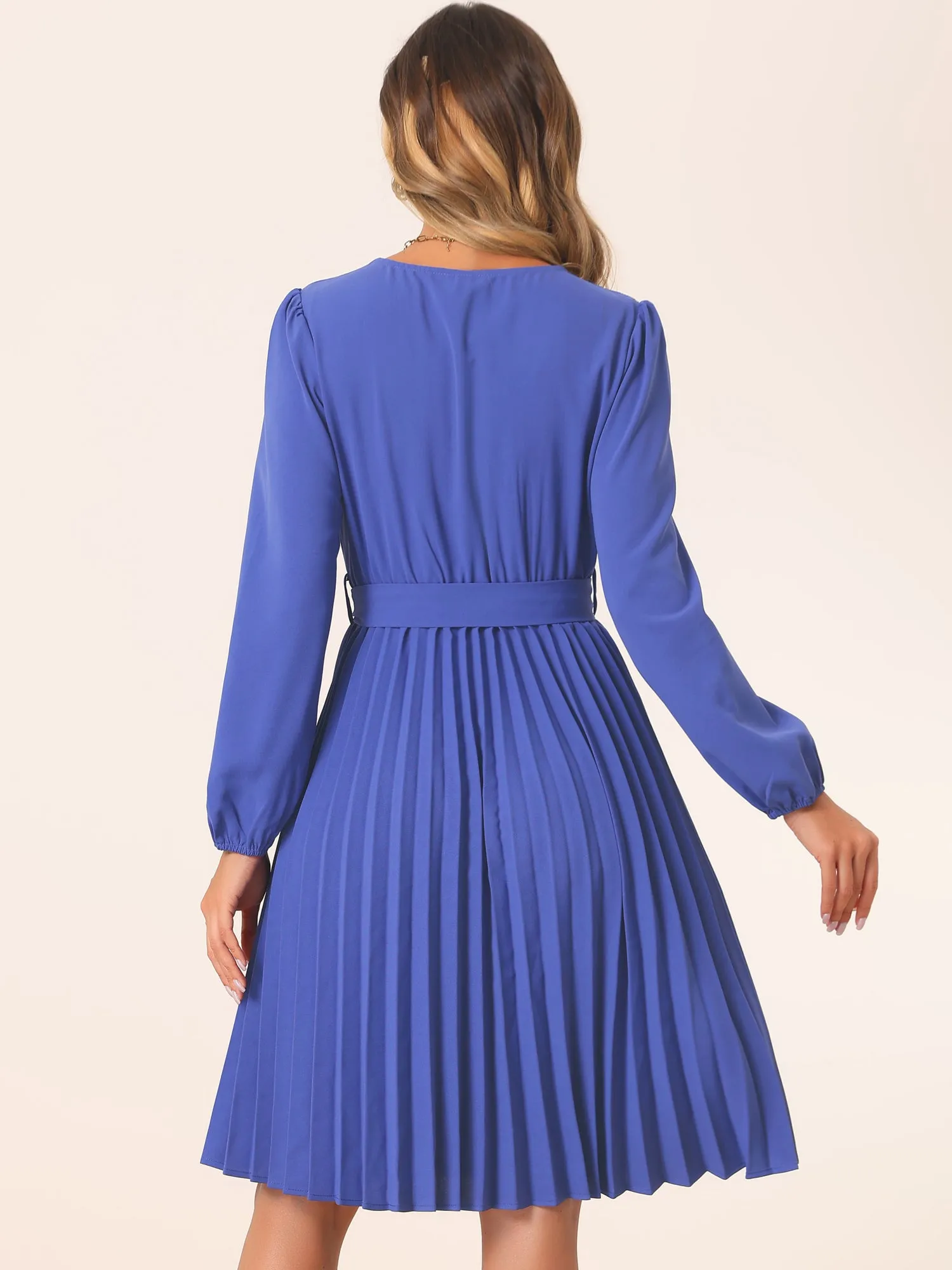Puff Long Sleeve Flowy A-Line Tie Waist Pleated Midi Dress sold by Allegra K product image thumbnail 3