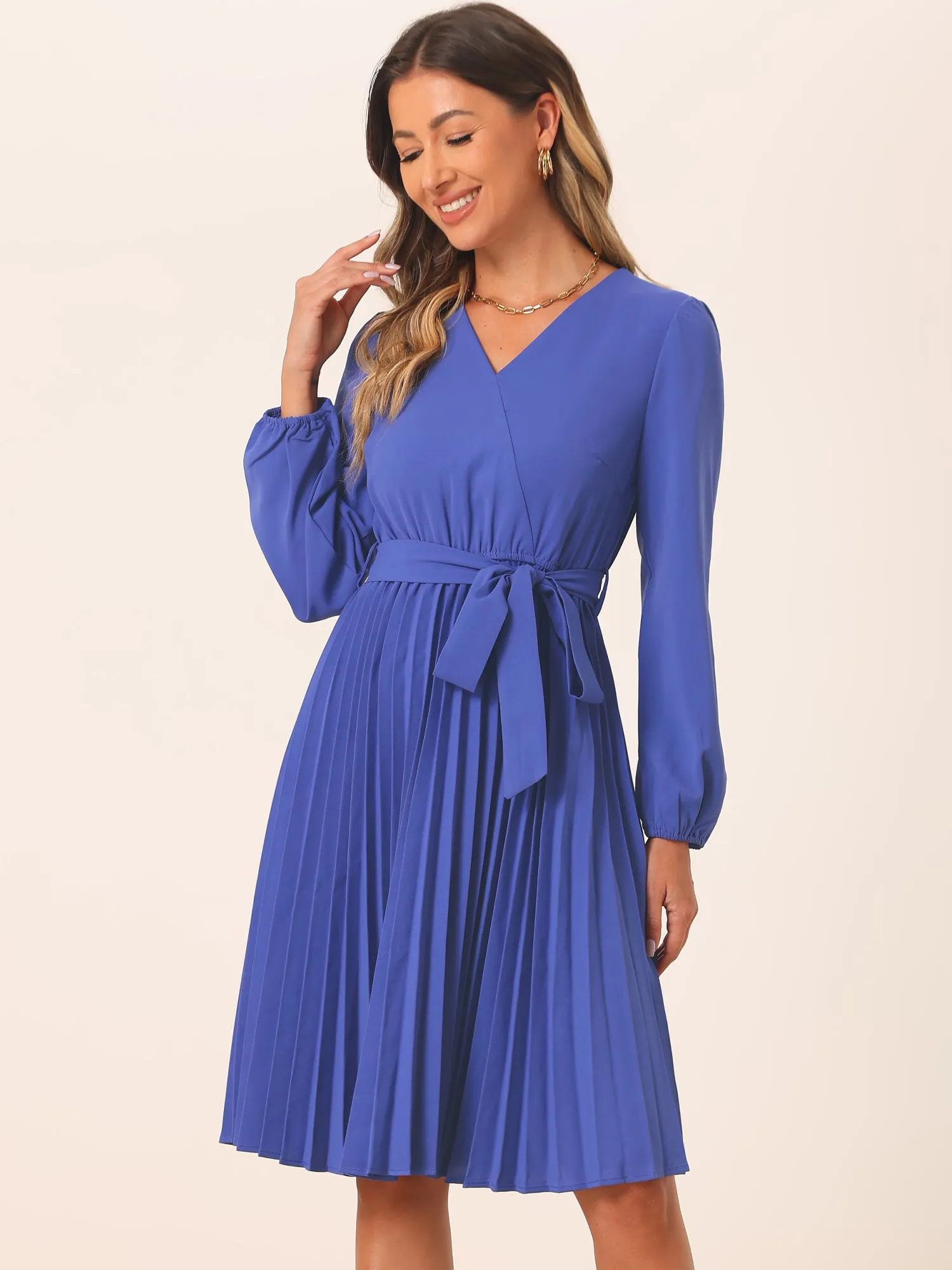 Puff Long Sleeve Flowy A-Line Tie Waist Pleated Midi Dress sold by Allegra K