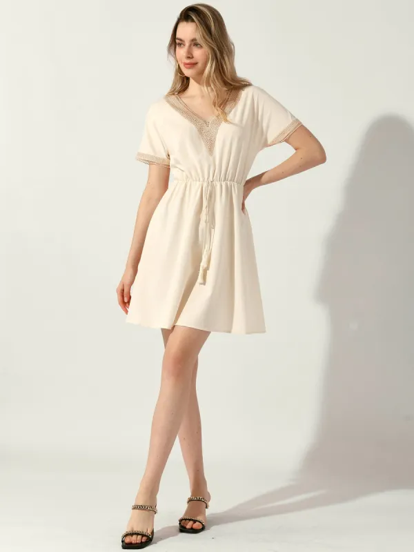 Crochet Trim V Neck Short Sleeve Casual Summer Mini Dress sold by Allegra K
