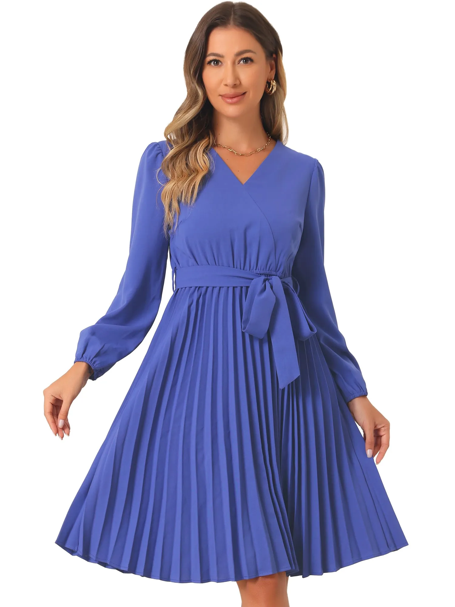 Puff Long Sleeve Flowy A-Line Tie Waist Pleated Midi Dress sold by Allegra K product image thumbnail 5