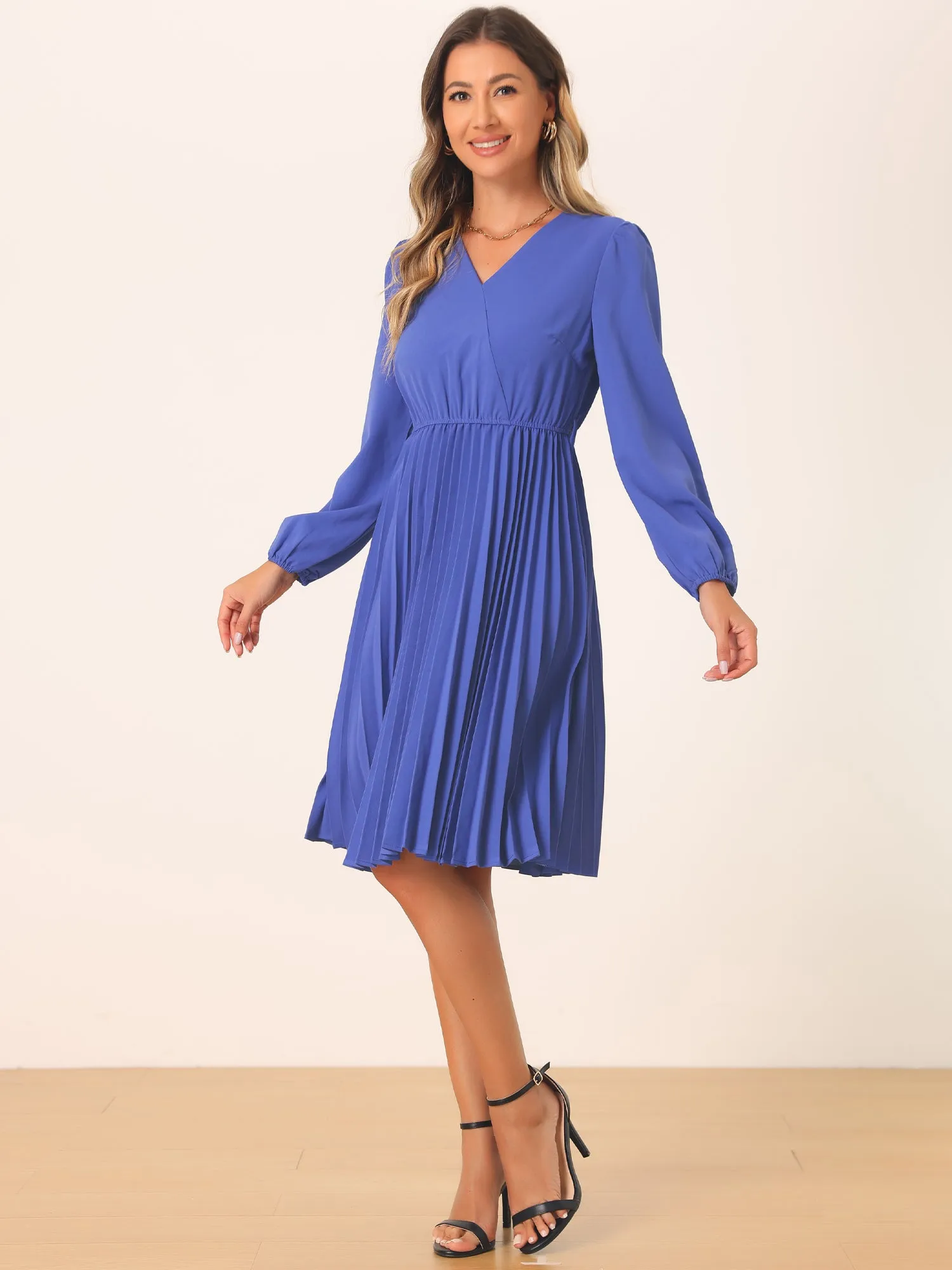 Puff Long Sleeve Flowy A-Line Tie Waist Pleated Midi Dress sold by Allegra K product image thumbnail 2