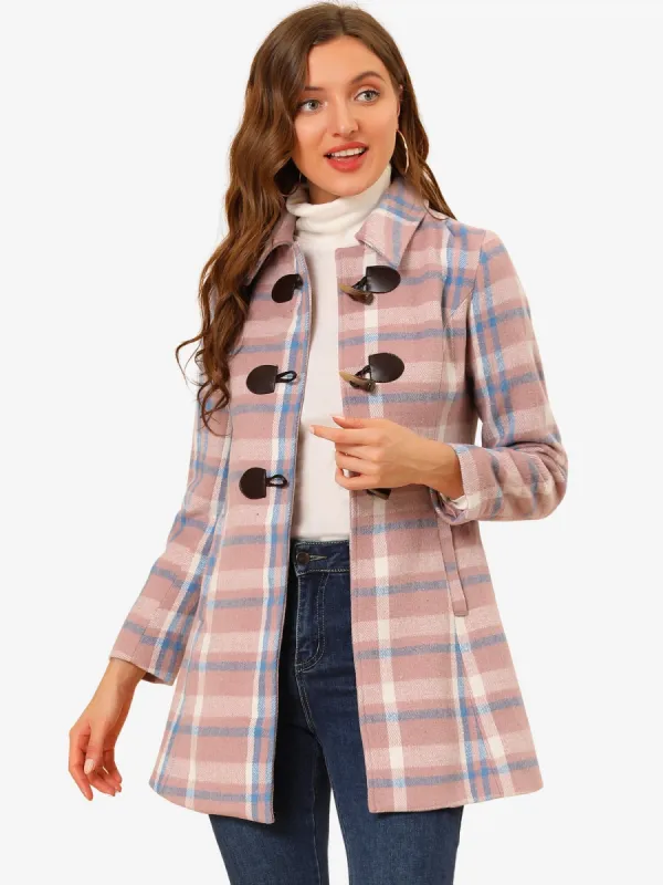 Toggle Outerwear Turn Down Collar Winter Plaid Duffle Coat sold by Allegra K