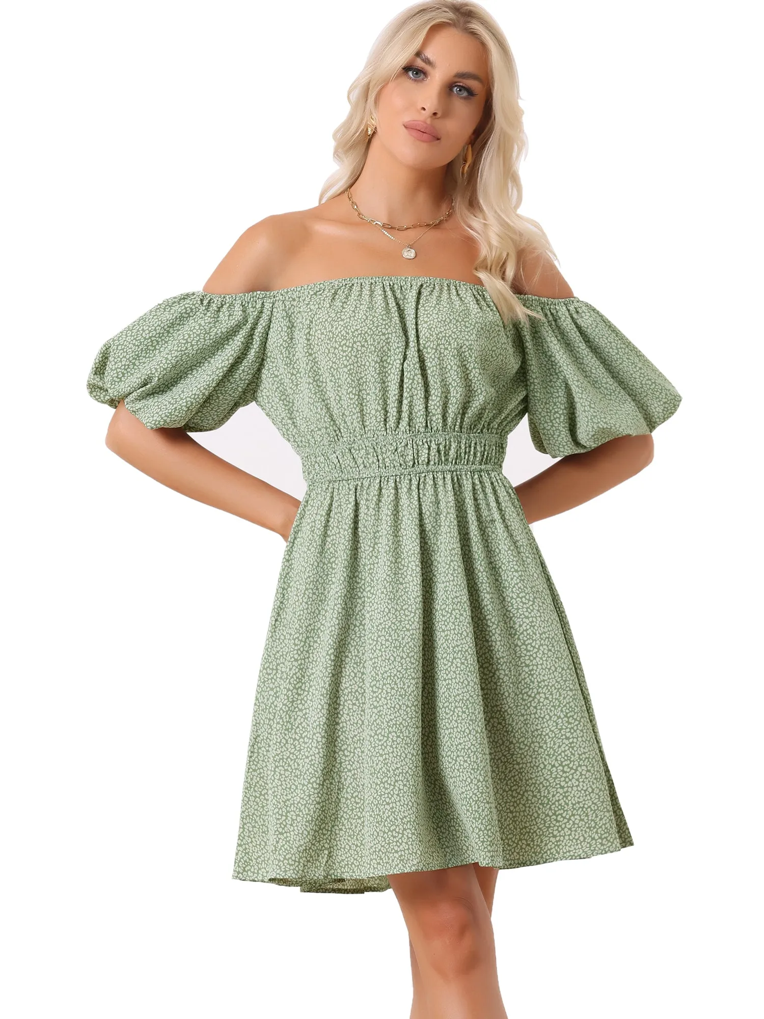 Off t Shoulder Casual Puff Sleeve Mini Floral Dress sold by Allegra K product image thumbnail 5