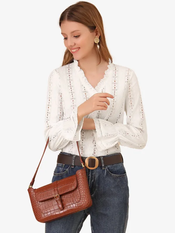 Sheer Blouse V Neck See Through Lace Ruffles Long Sleeve Tops sold by Allegra K