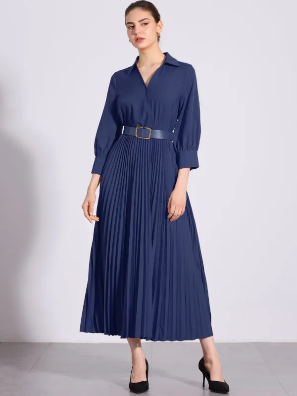 Collar V Neck Belted Dressy Casual Pleated Maxi Dress sold by Allegra K