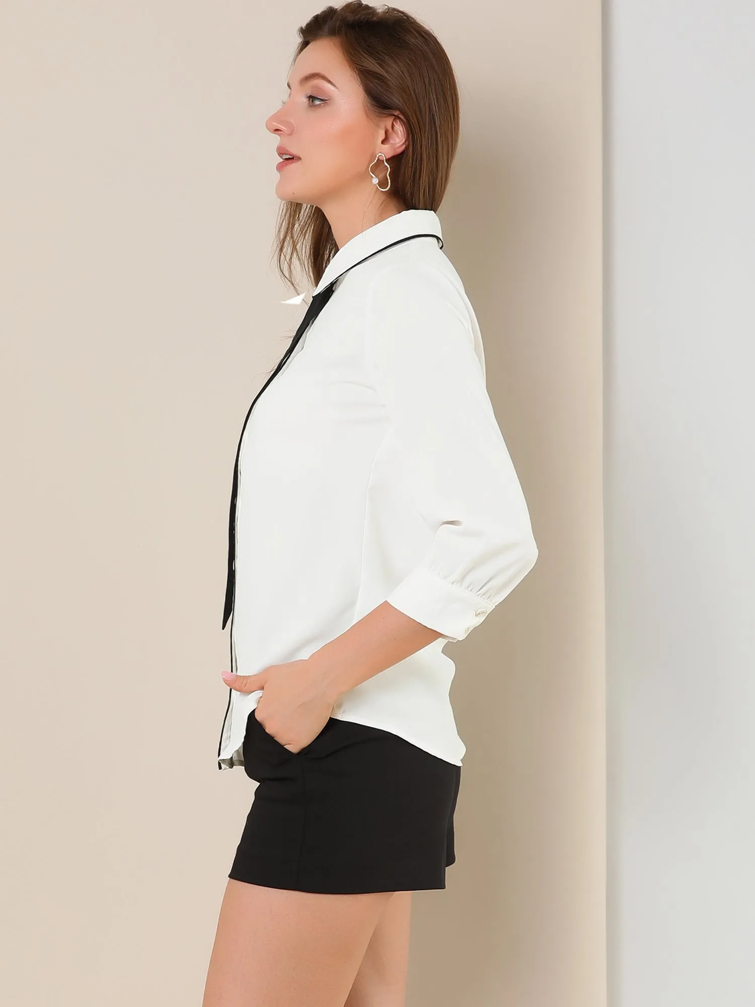 Elegant Contrast Collar 3/4 Sleeve Button Up Tie Neck Shirt sold by Allegra K product image thumbnail 2