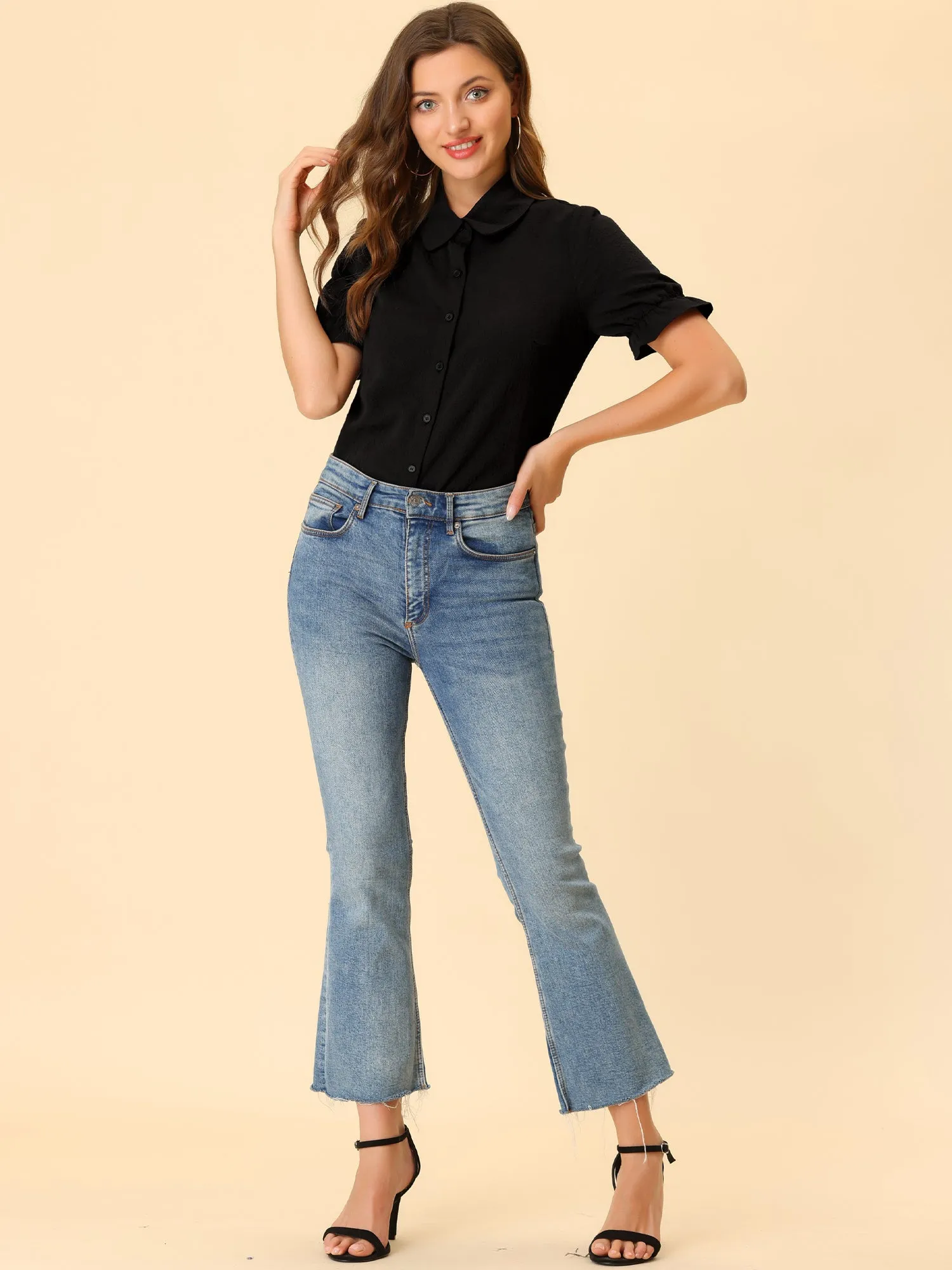 Casual Peter Pan Collar Puff Short Sleeve Floral Button Shirt sold by Allegra K product image thumbnail 2