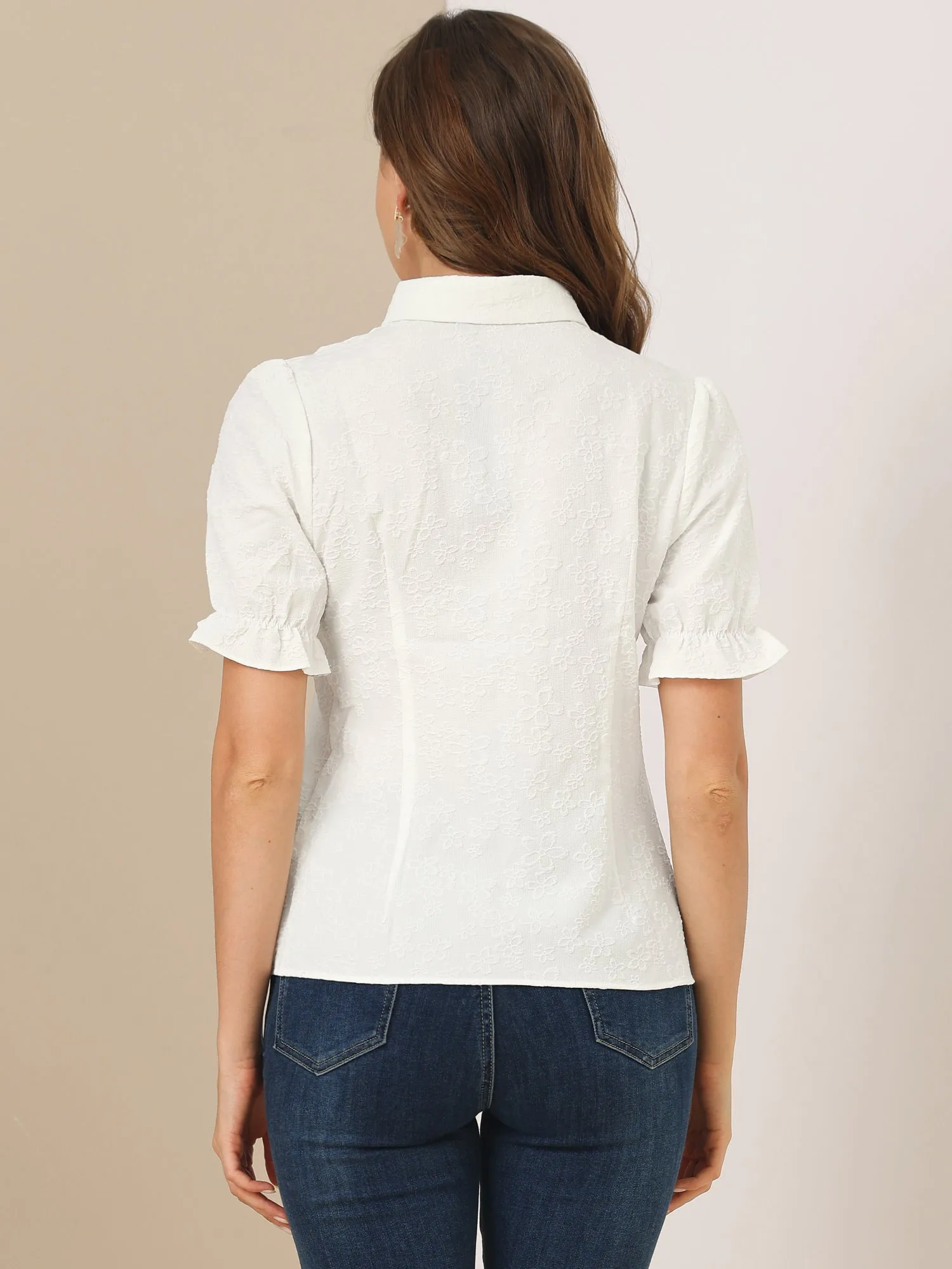 Casual Peter Pan Collar Puff Short Sleeve Floral Button Shirt sold by Allegra K product image thumbnail 5