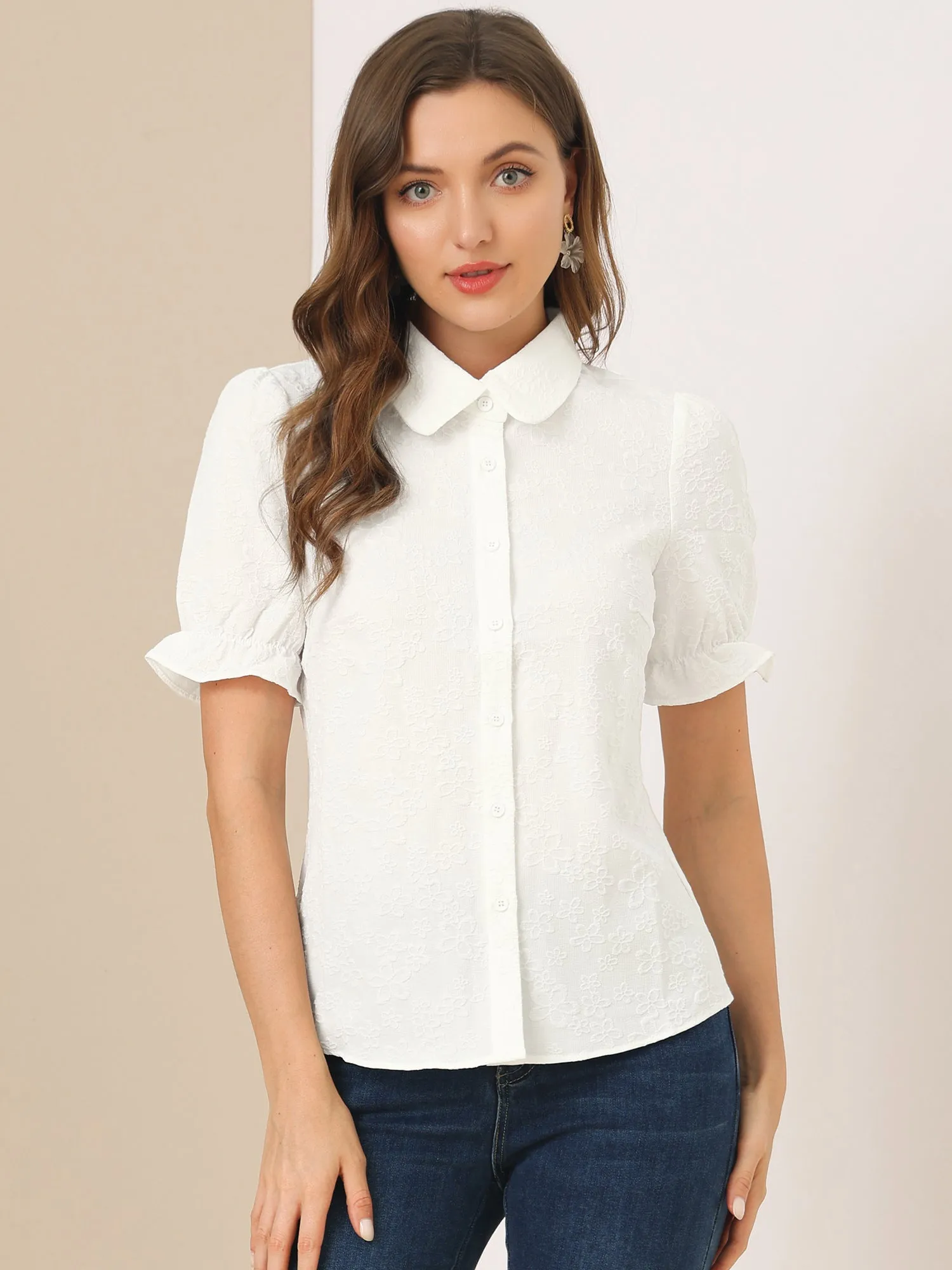 Casual Peter Pan Collar Puff Short Sleeve Floral Button Shirt sold by Allegra K