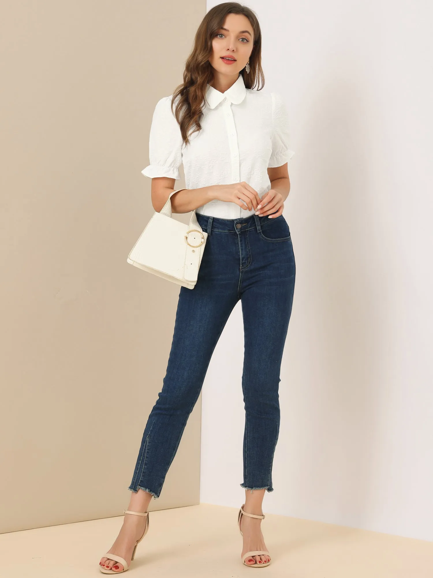 Casual Peter Pan Collar Puff Short Sleeve Floral Button Shirt sold by Allegra K product image thumbnail 4