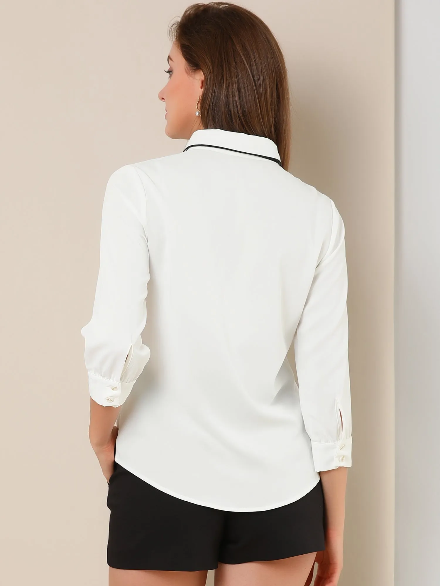 Elegant Contrast Collar 3/4 Sleeve Button Up Tie Neck Shirt sold by Allegra K product image thumbnail 3