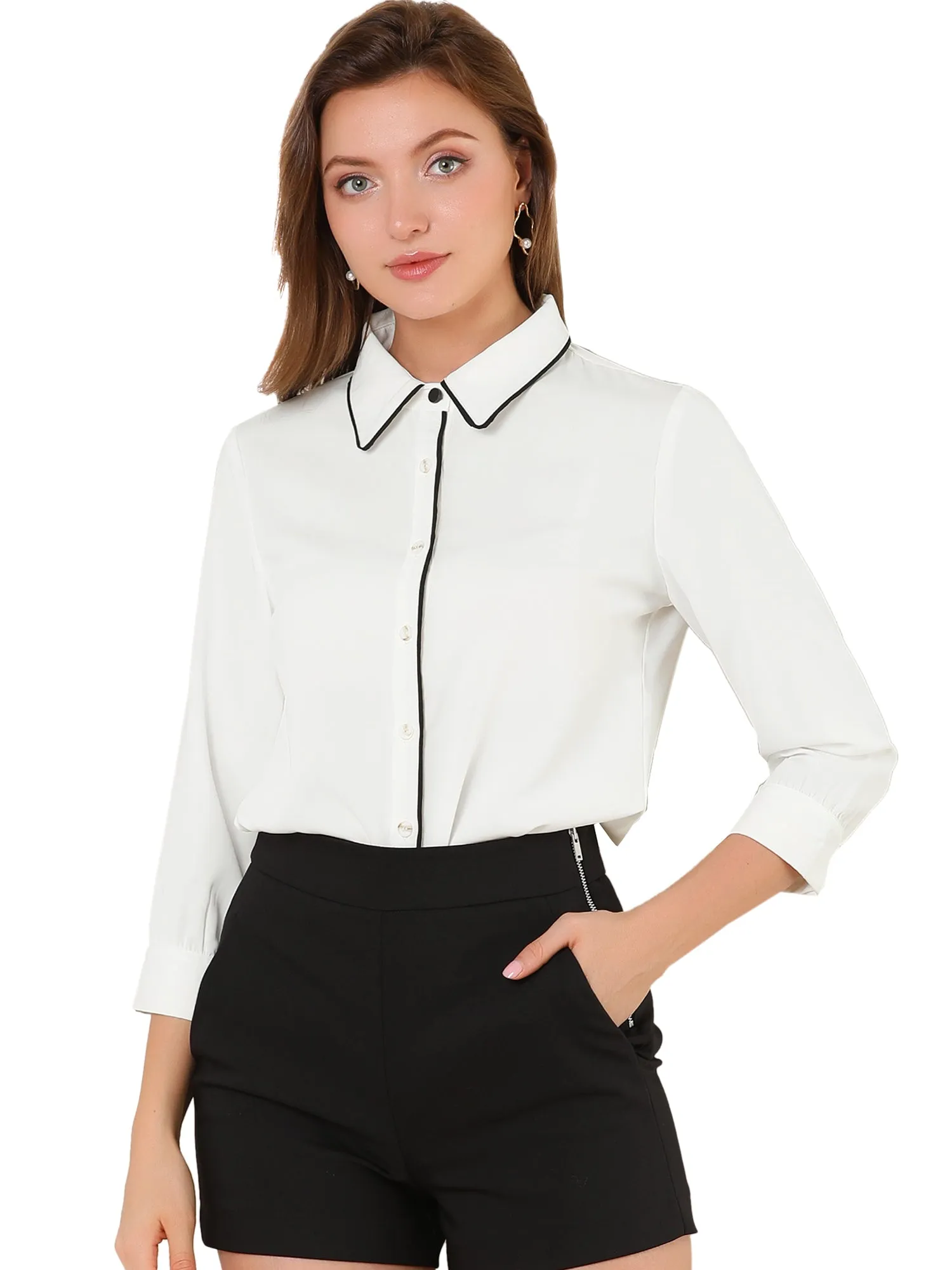 Elegant Contrast Collar 3/4 Sleeve Button Up Tie Neck Shirt sold by Allegra K product image thumbnail 4