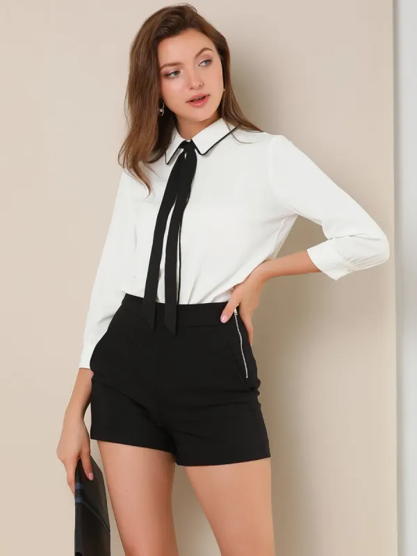 Elegant Contrast Collar 3/4 Sleeve Button Up Tie Neck Shirt sold by Allegra K