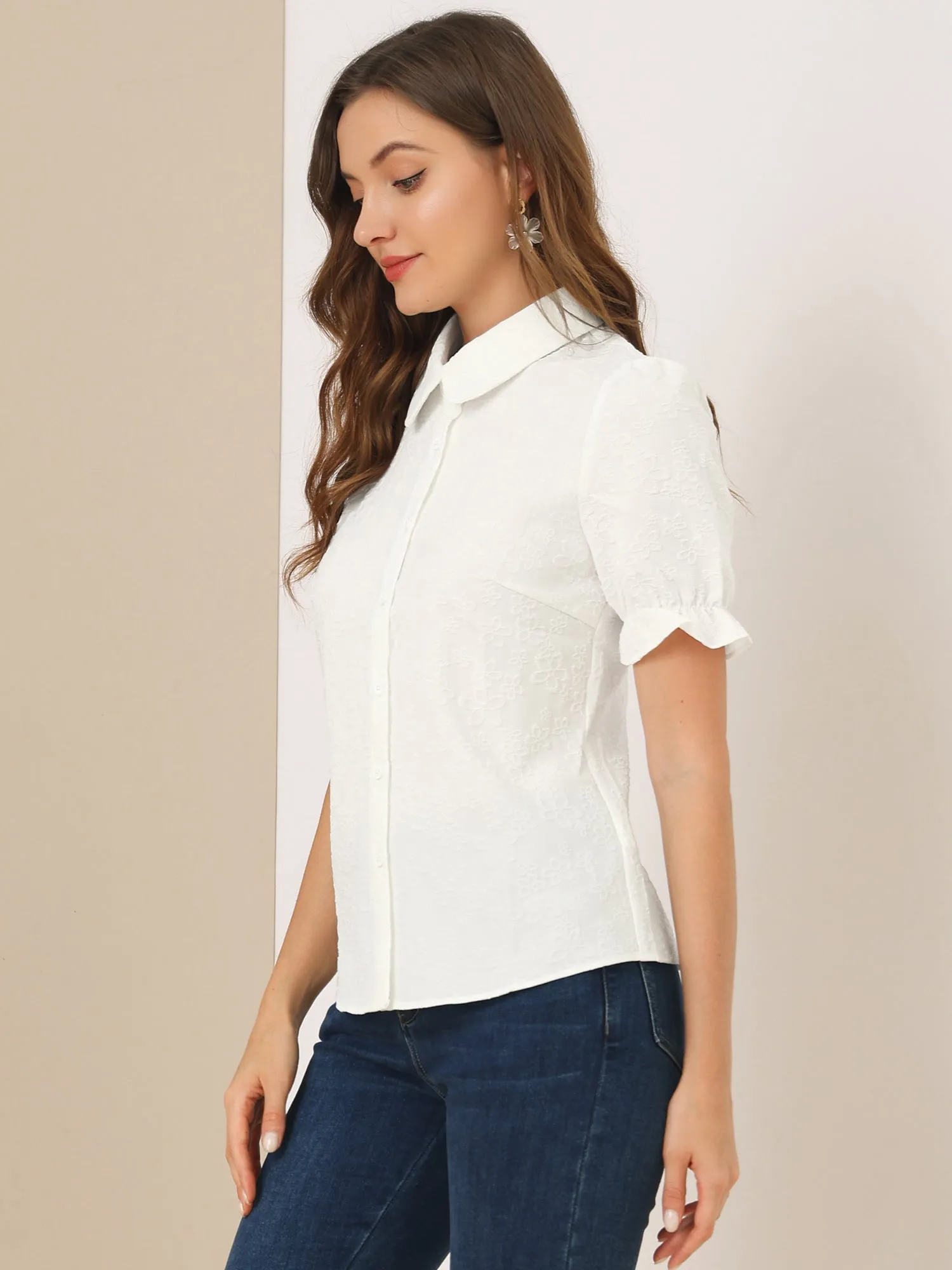 Casual Peter Pan Collar Puff Short Sleeve Floral Button Shirt sold by Allegra K product image thumbnail 3