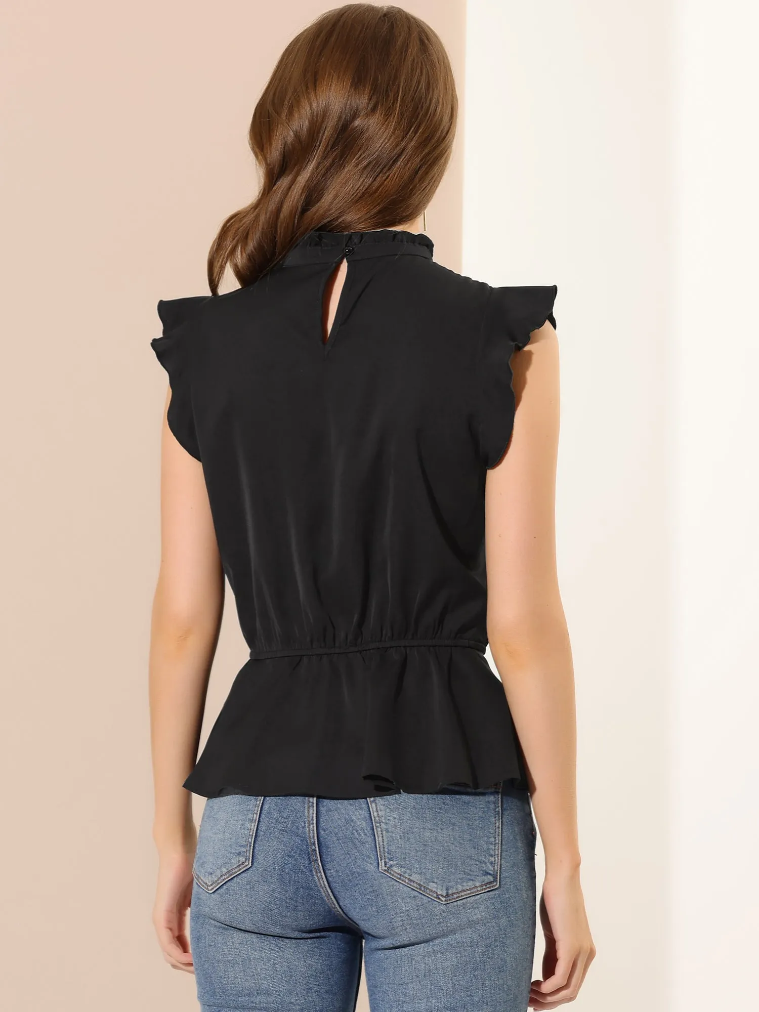 Stand Collar Pleated Frilled Ruffles Solid Sleeveless Peplum Top sold by Allegra K product image thumbnail 4
