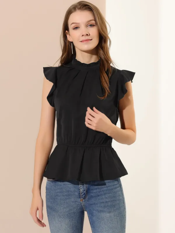 Stand Collar Pleated Frilled Ruffles Solid Sleeveless Peplum Top sold by Allegra K