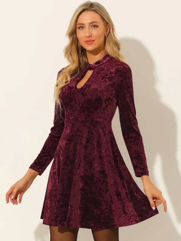Keyhole Neck High Waist Long Sleeve Velvet Swing Mini Dress sold by Allegra K