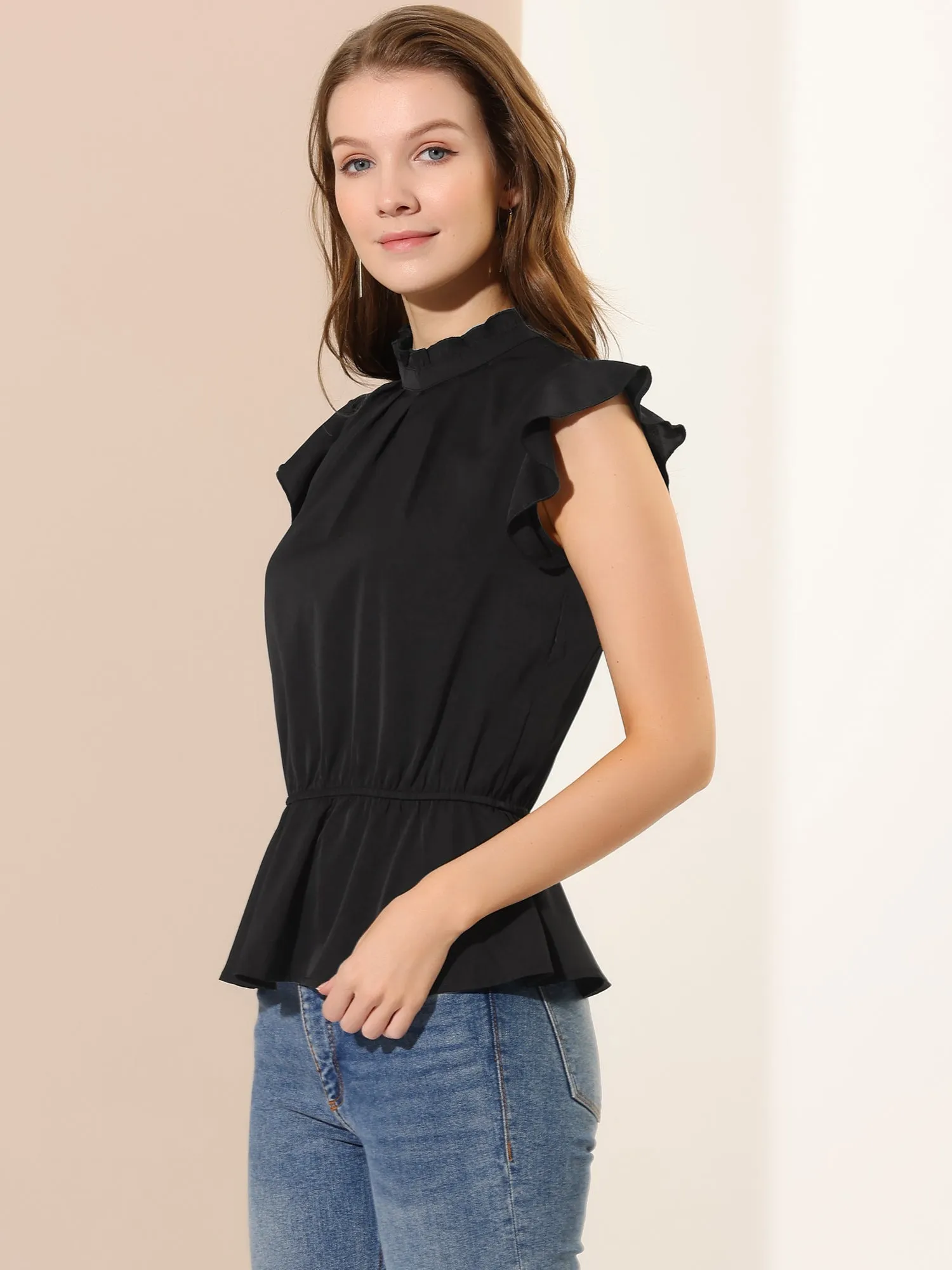 Stand Collar Pleated Frilled Ruffles Solid Sleeveless Peplum Top sold by Allegra K product image thumbnail 3