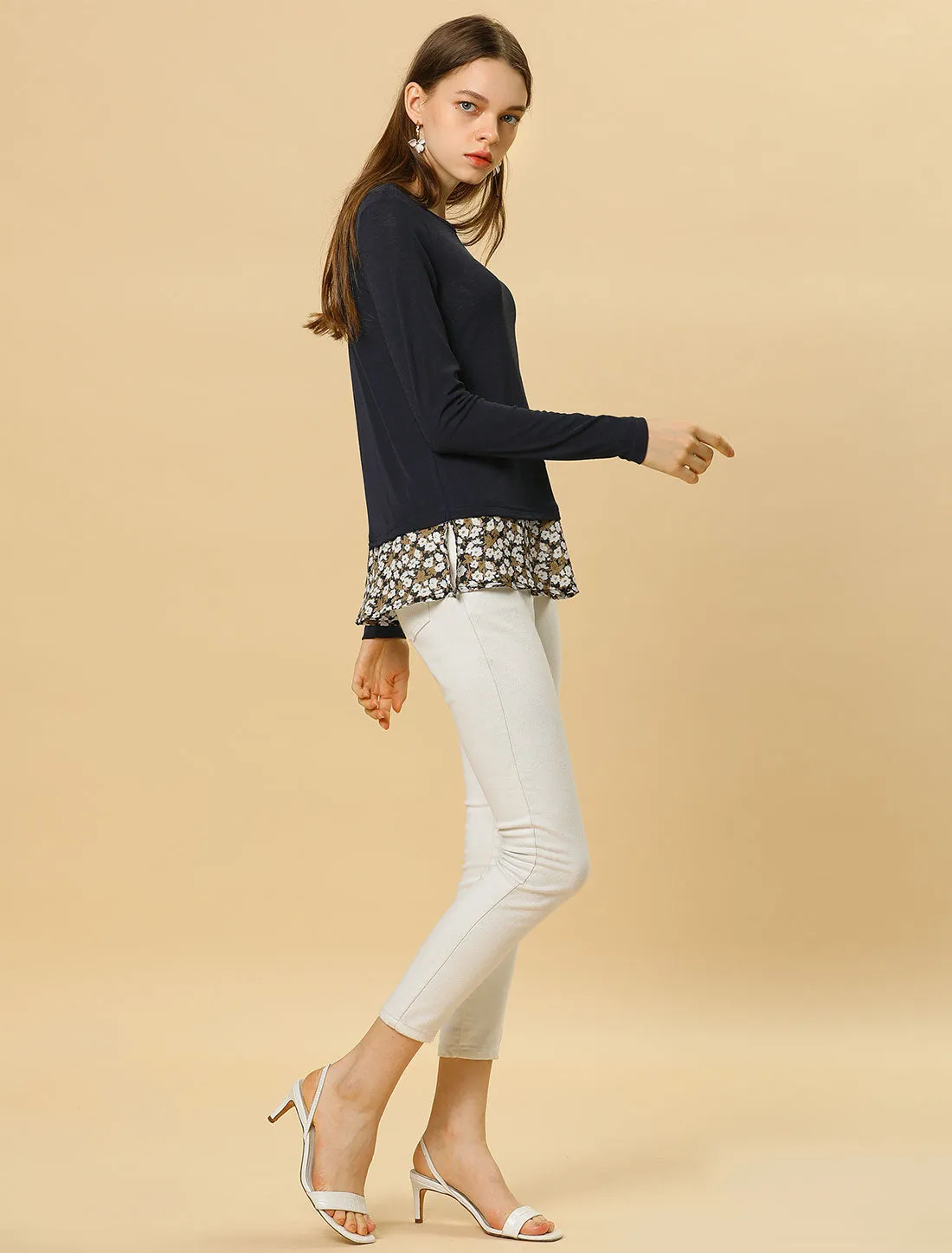 Floral Hem Crew Neck Long Sleeve Top Side Slits Work Blouse sold by Allegra K product image thumbnail 4
