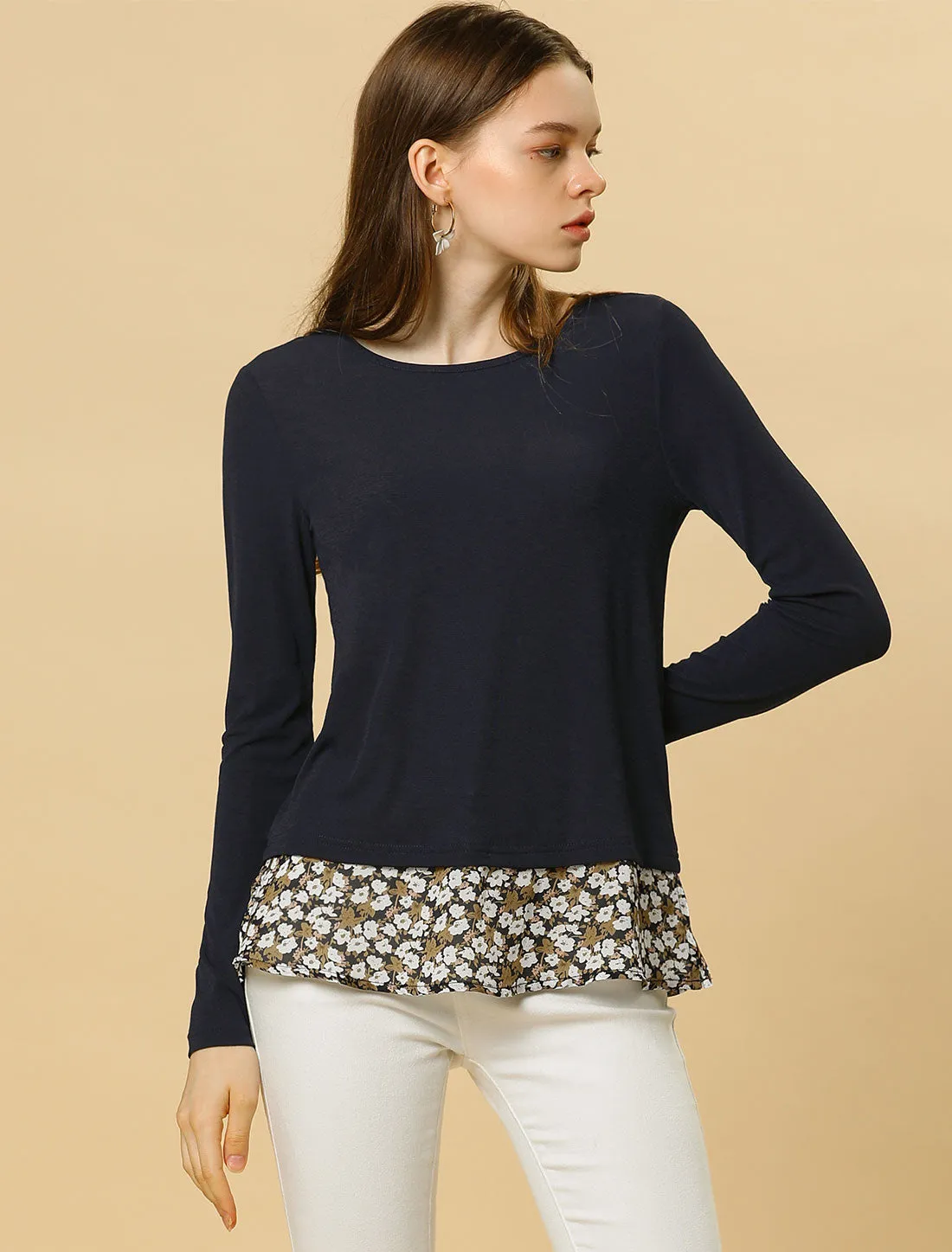 Floral Hem Crew Neck Long Sleeve Top Side Slits Work Blouse sold by Allegra K product image thumbnail 2