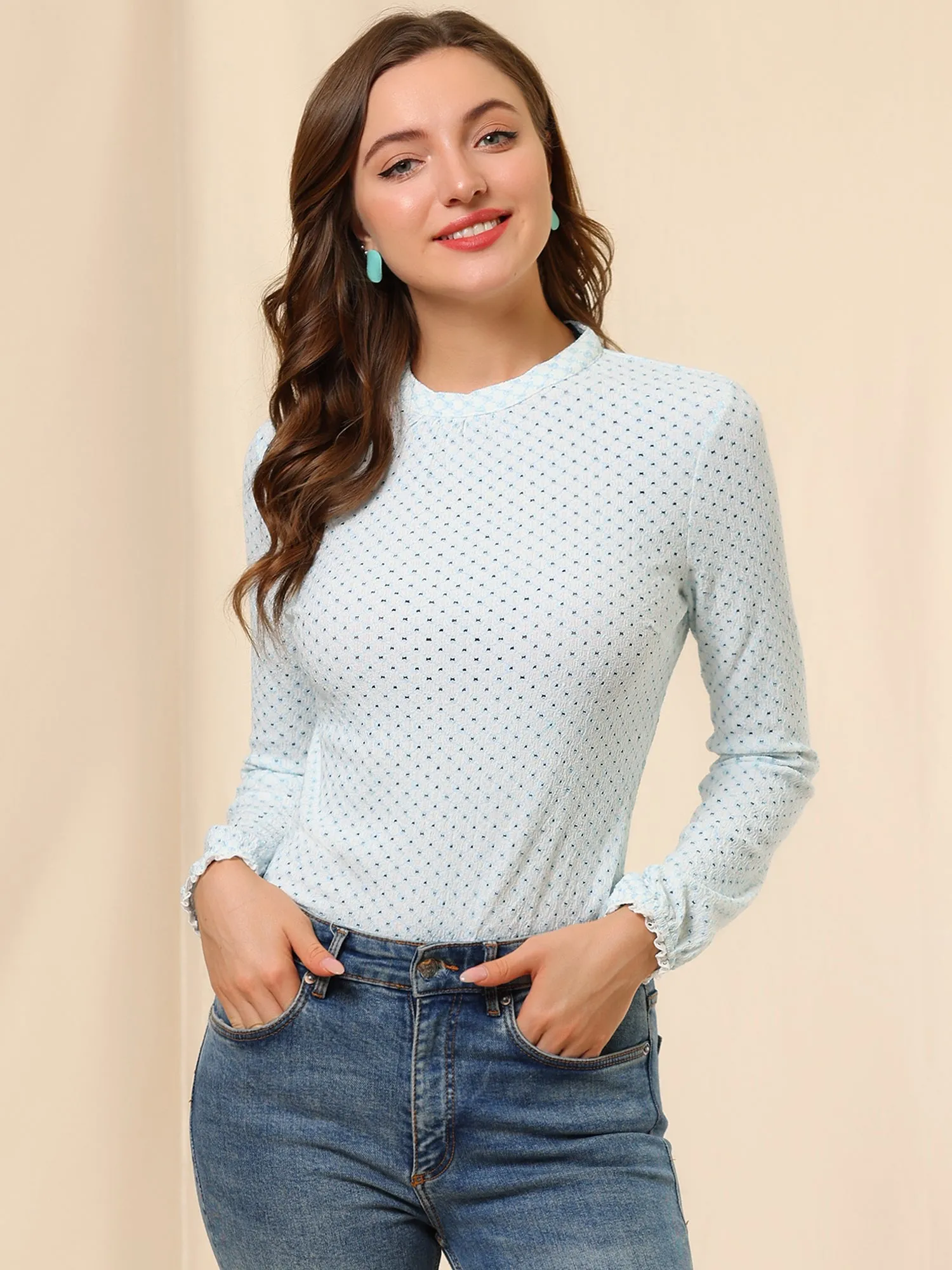 Dots Tops Crew Neck Long Sleeve Hollow Out Elegant Blouse sold by Allegra K product image thumbnail 2