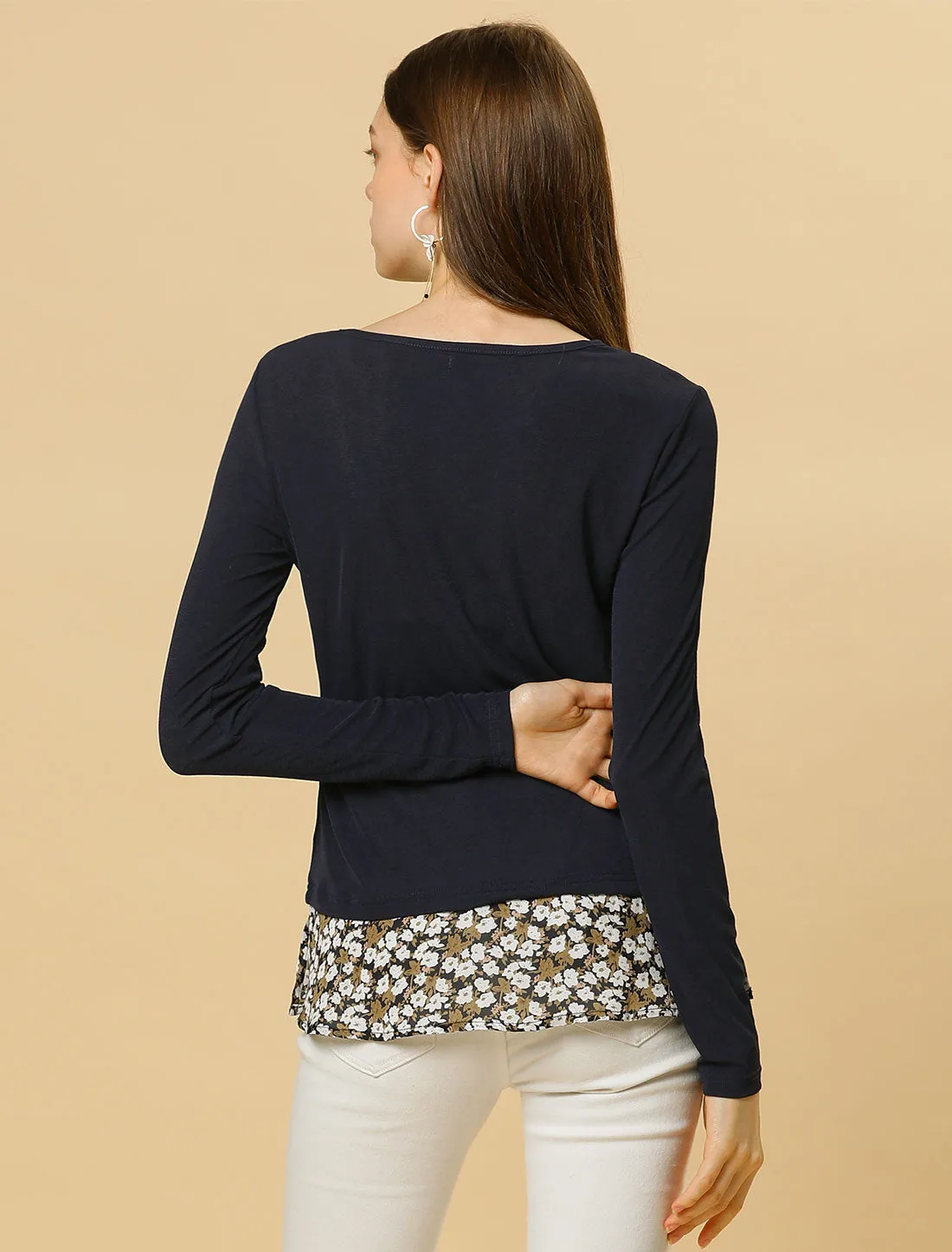 Floral Hem Crew Neck Long Sleeve Top Side Slits Work Blouse sold by Allegra K product image thumbnail 5