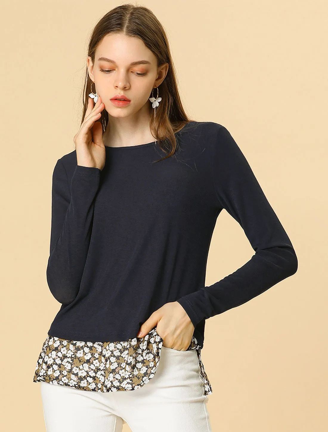 Floral Hem Crew Neck Long Sleeve Top Side Slits Work Blouse sold by Allegra K product image thumbnail 3